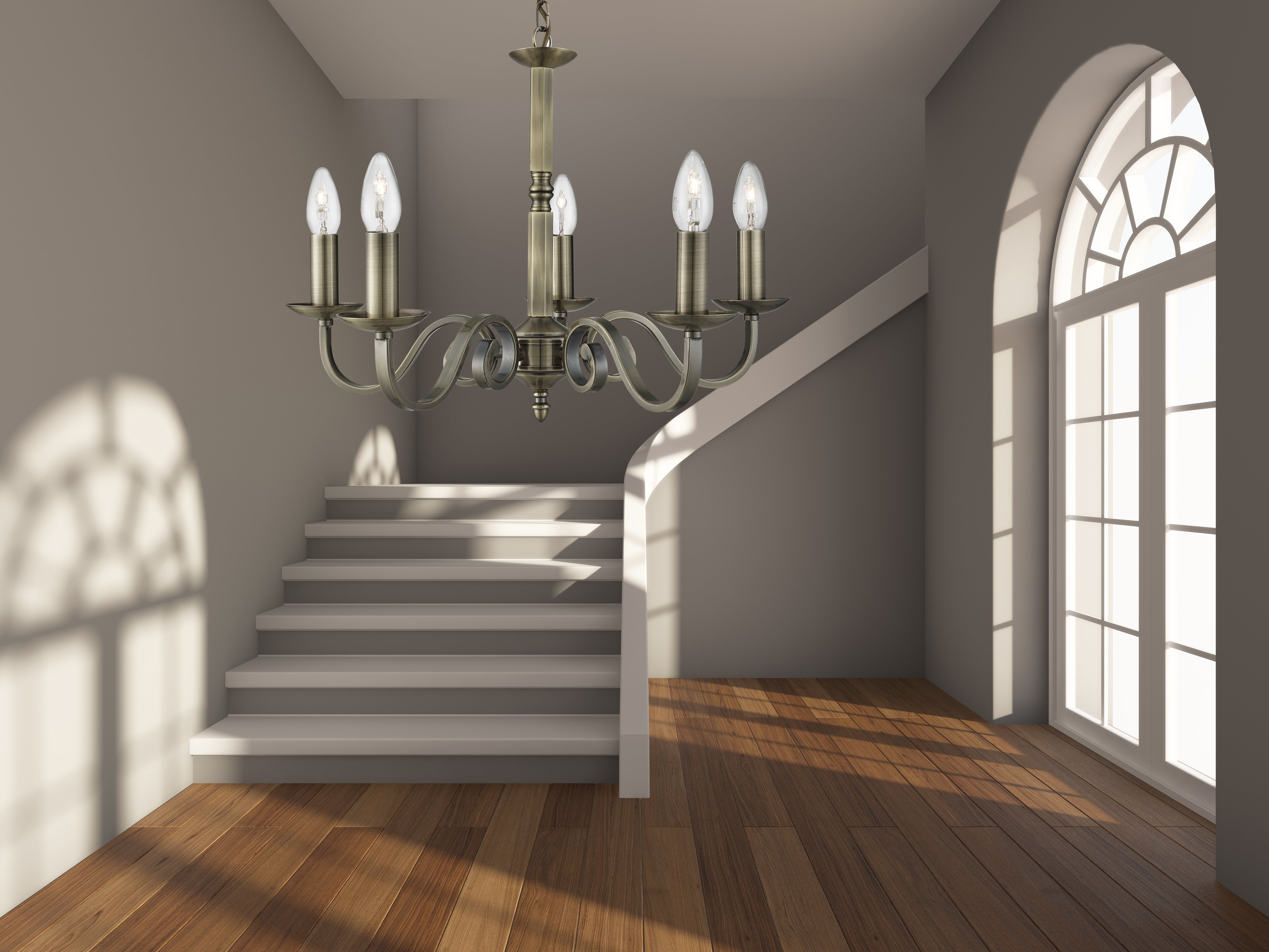 Searchlight Rankin Antique Brass 5 Light Ceiling Fitting With Candle Style Sconces