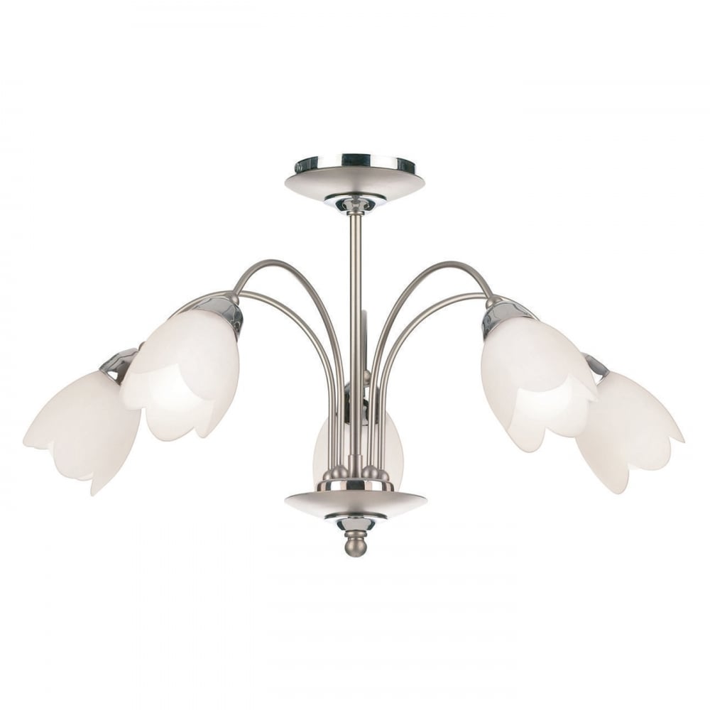 Endon Petal 5 Light Semi Flush Fitting - Satin Chrome Plate & Matt Opal Glass