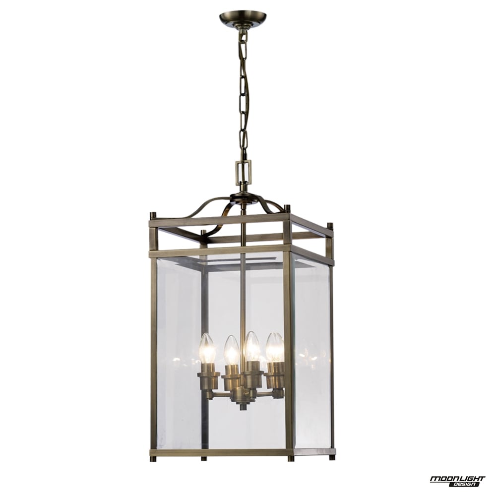 Diyas IL31113 Aston Pendant 4 Light Antique Brass/Glass