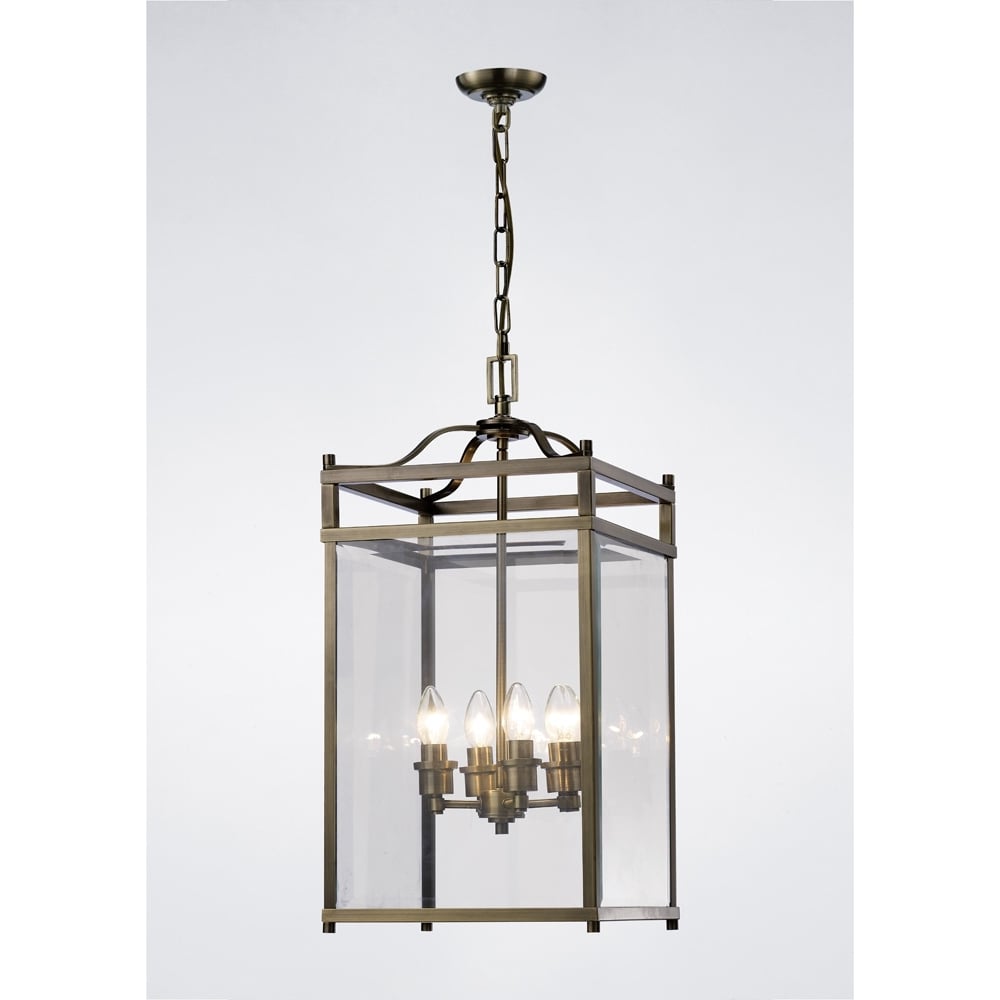 Diyas IL31113 Aston Pendant 4 Light Antique Brass/Glass