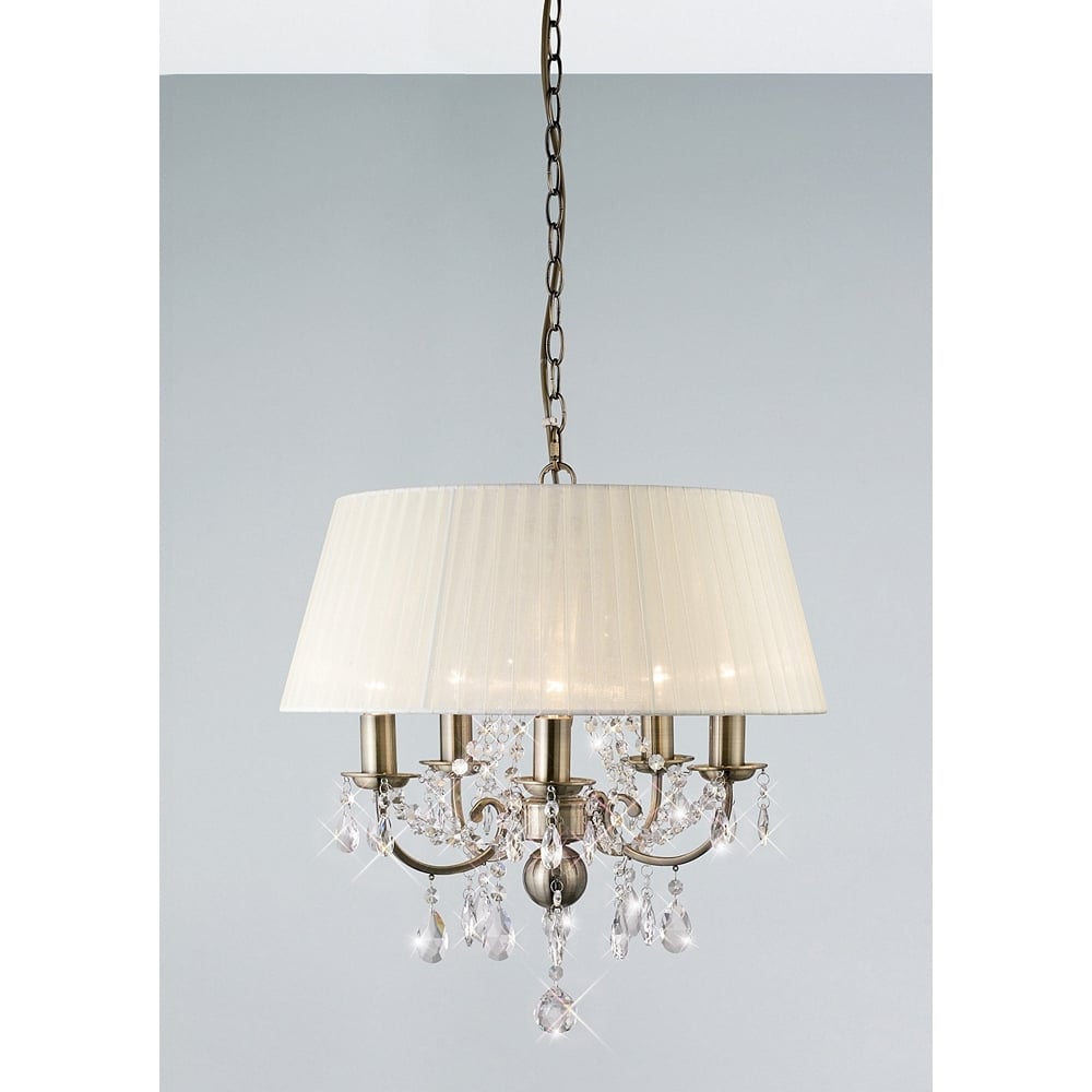 Diyas IL30048 Olivia Pendant With Ivory Cream Shade 5 Light Antique Brass/Crystal