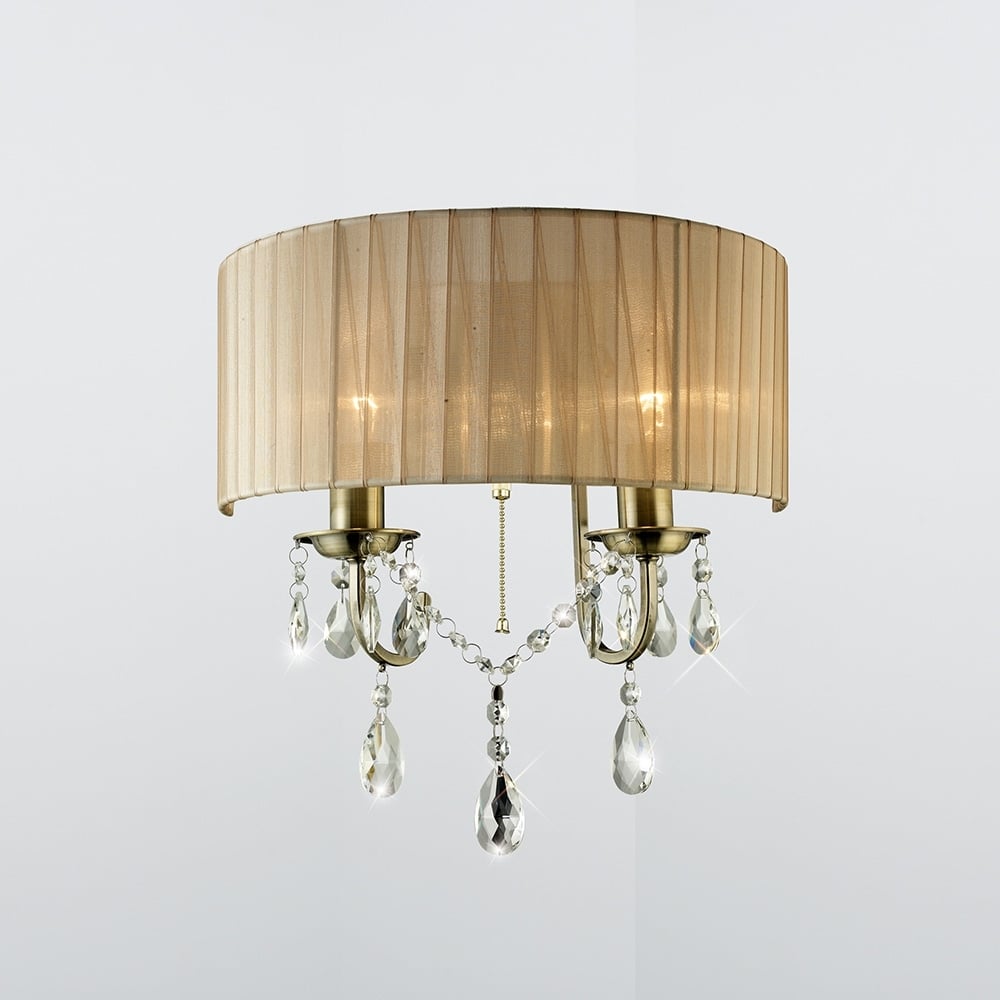 Diyas IL30064 Olivia Wall Light Switched With Soft Bronze Shade 2 Light Antique Brass/Crystal