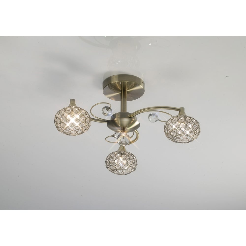 Diyas IL30943 Cara Semi Ceiling 3 Light Antique Brass/Crystal