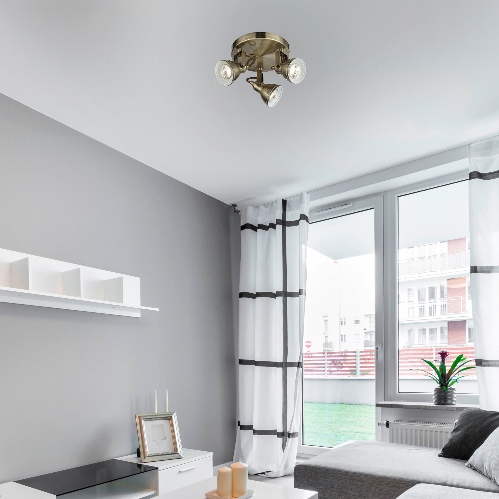 Searchlight Fielding 3 Light Antique Brass Ceiling Spotlight With Round Plate