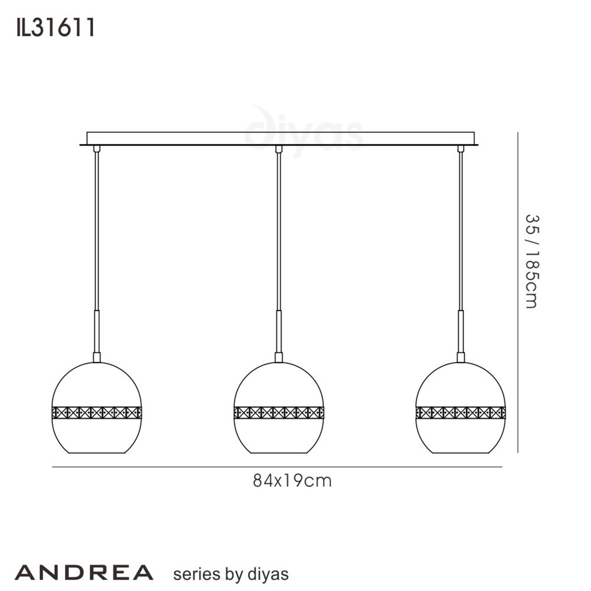 Diyas IL31611 Andrea Pendant 3 Light E27 Linear Satin Copper/Crystal