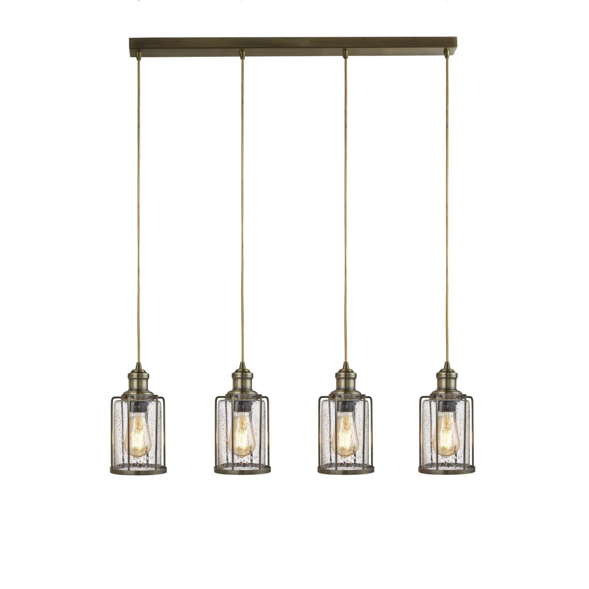 Searchlight Peach 4 Light Bar Pendant, Antique Brass With Seeded Glass