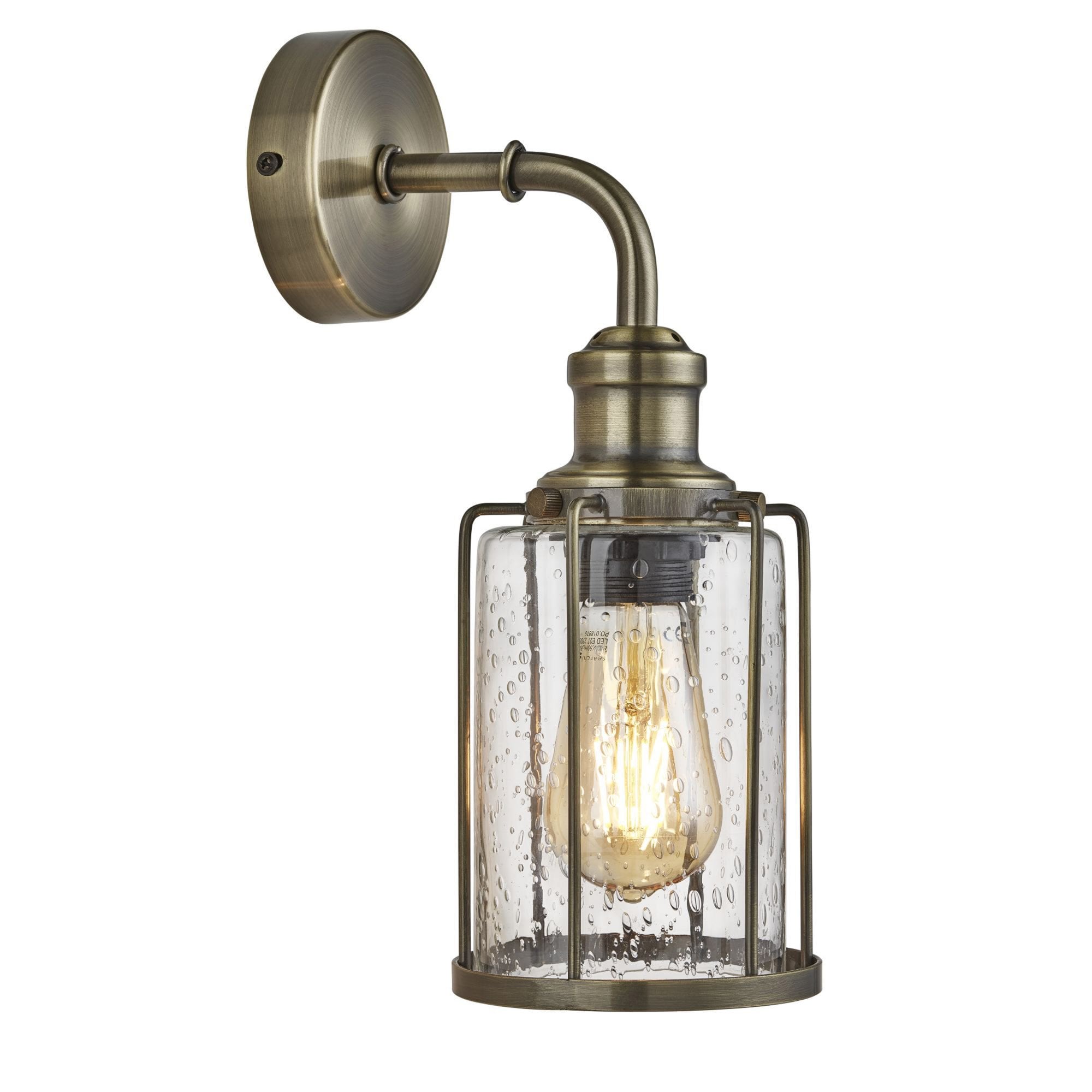 Searchlight Peach Single Wall Light, Antique Brass With Seeded Glass