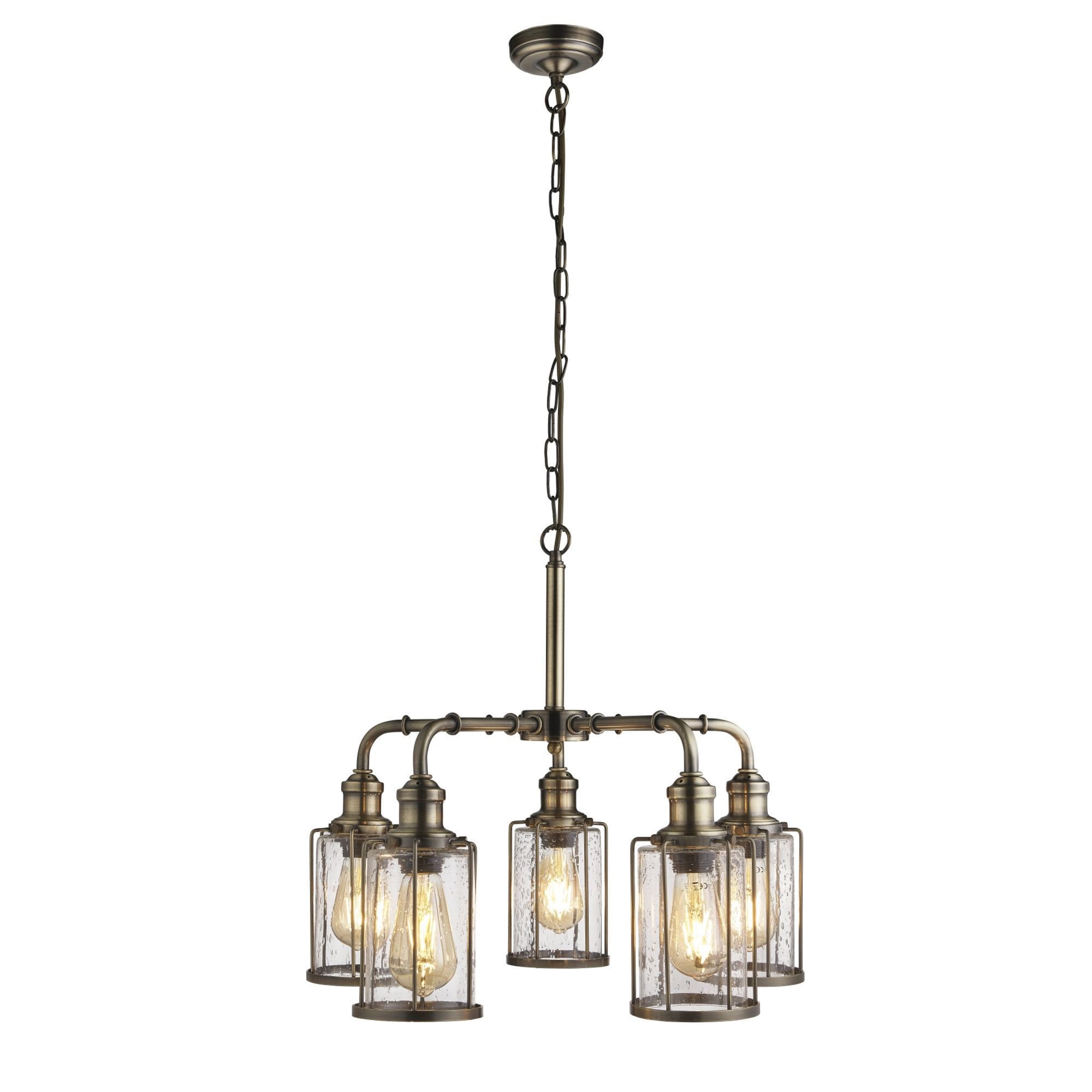 Searchlight Peach 5 Light Pendant, Antique Brass With Seeded Glass