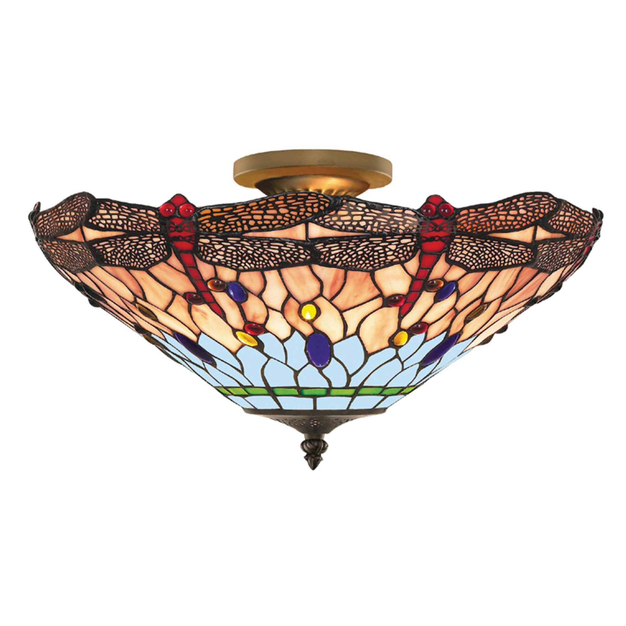 Searchlight Darwen Dragonfly - Single Semi-Flush Ceiling Fitting, Antique Brass, Tiffany Glass