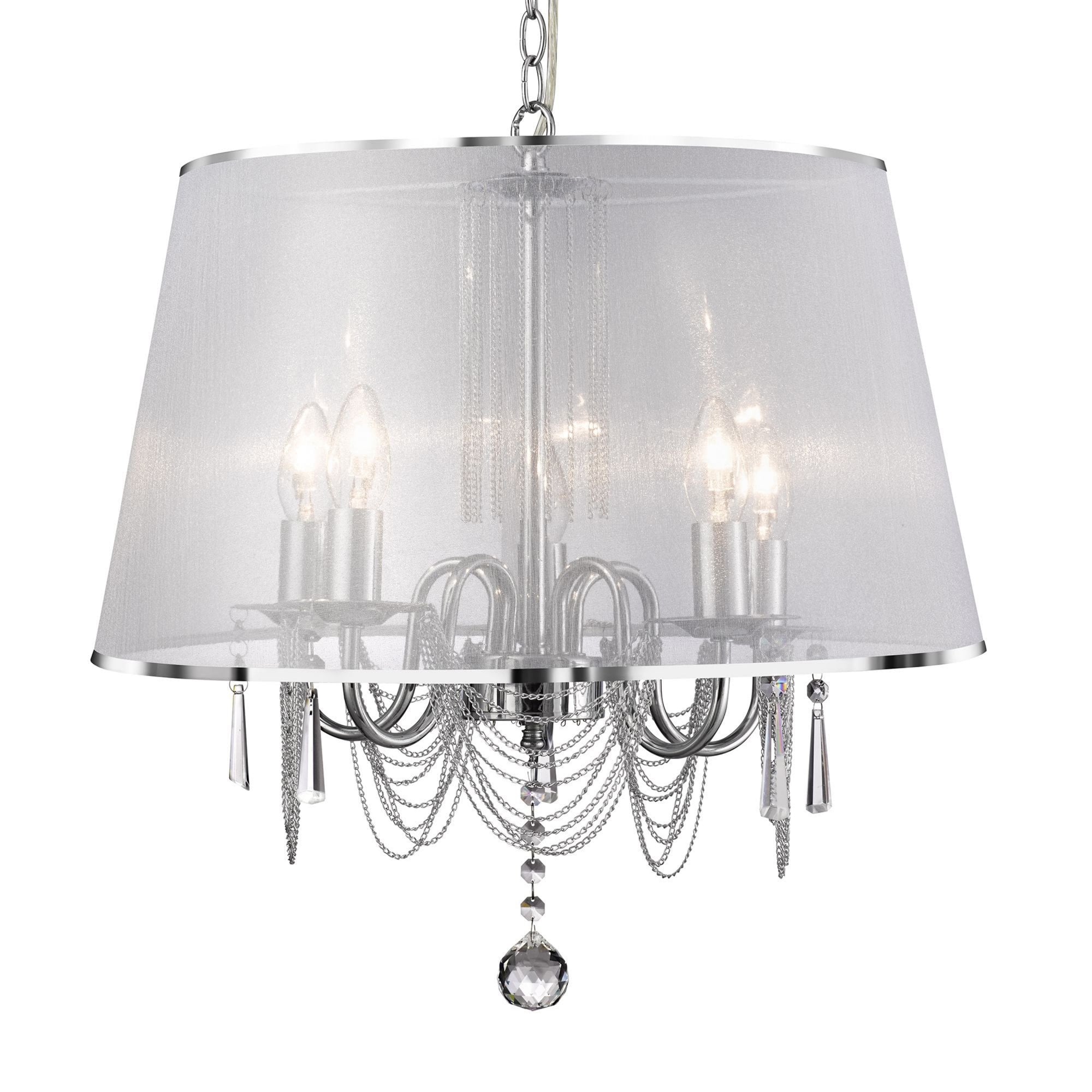 Searchlight Veralum - 5 Light Ceiling, Chrome, Chain Link, Clear Crystal Glass, White Voile Shade
