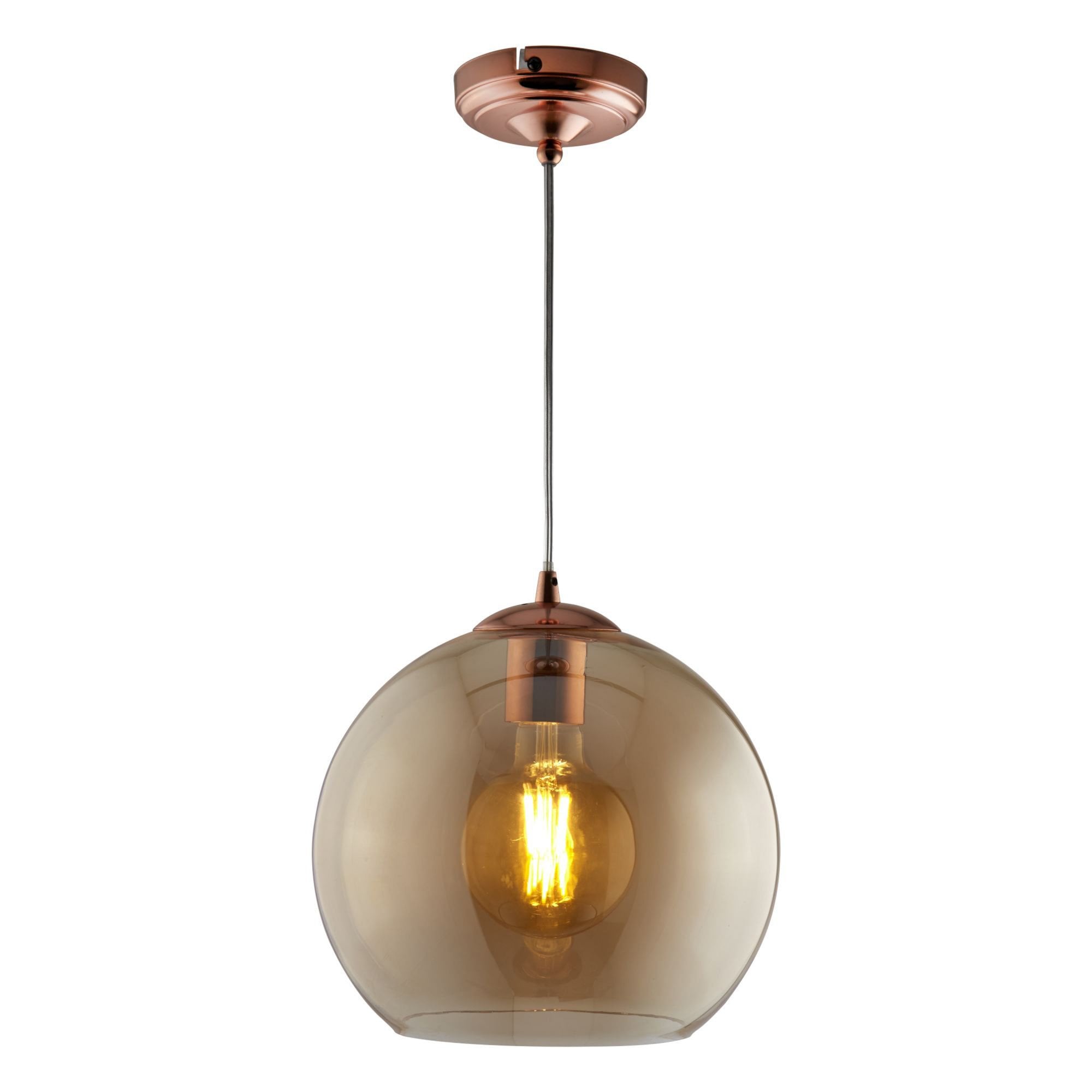 Searchlight Baines Single Round Pendant (35cm Diameter), Amber Glass, Antique Brass