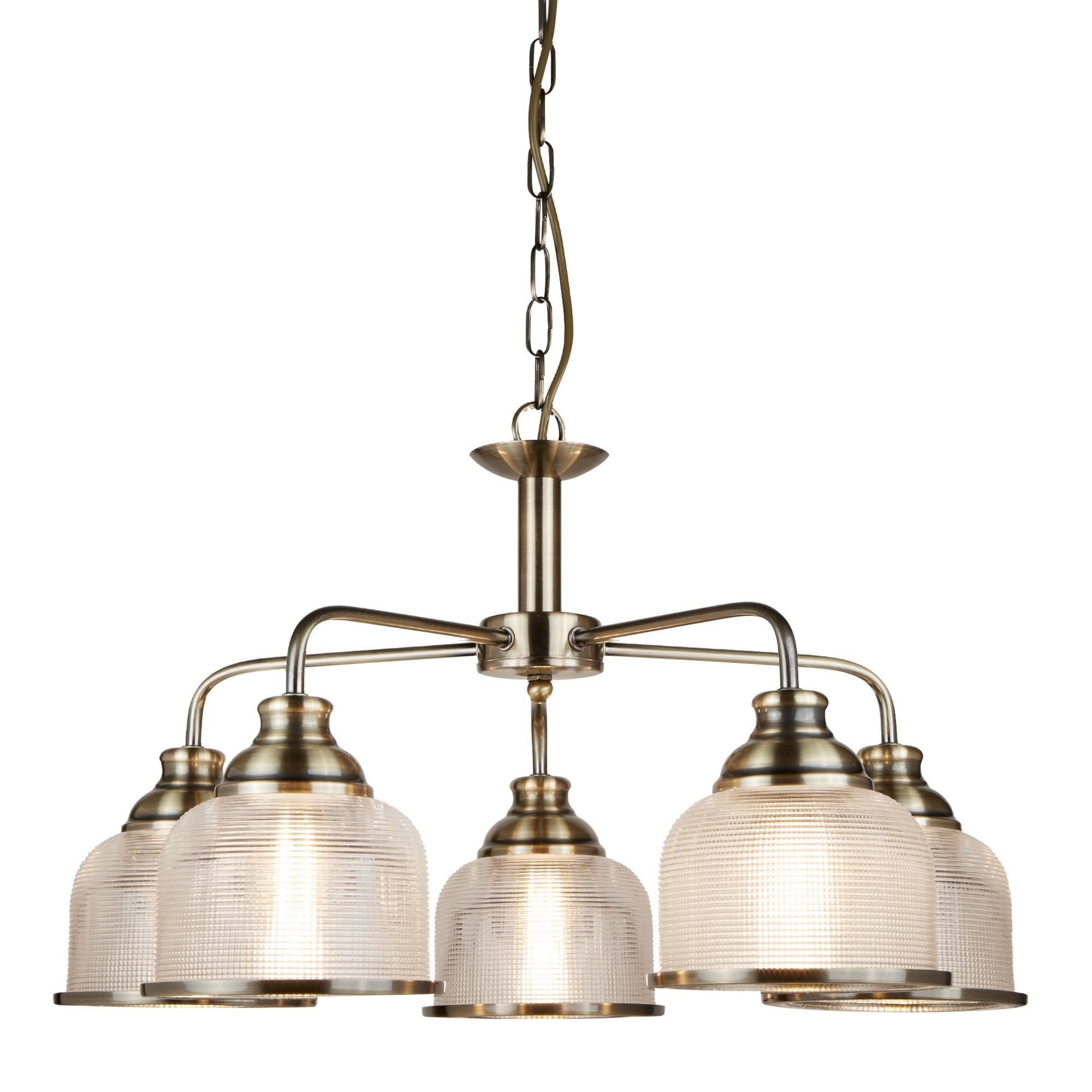 Searchlight Beech II 5 Light Ceiling Fitting - Antique Brass & Holophane Glass