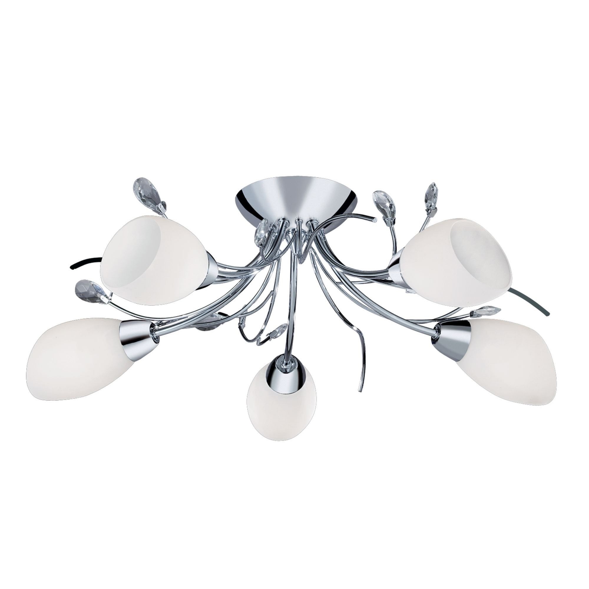 Searchlight Galton Chrome 5 Light Semi-Flush Fitting With Crystal Detail & Opal Glass Shades