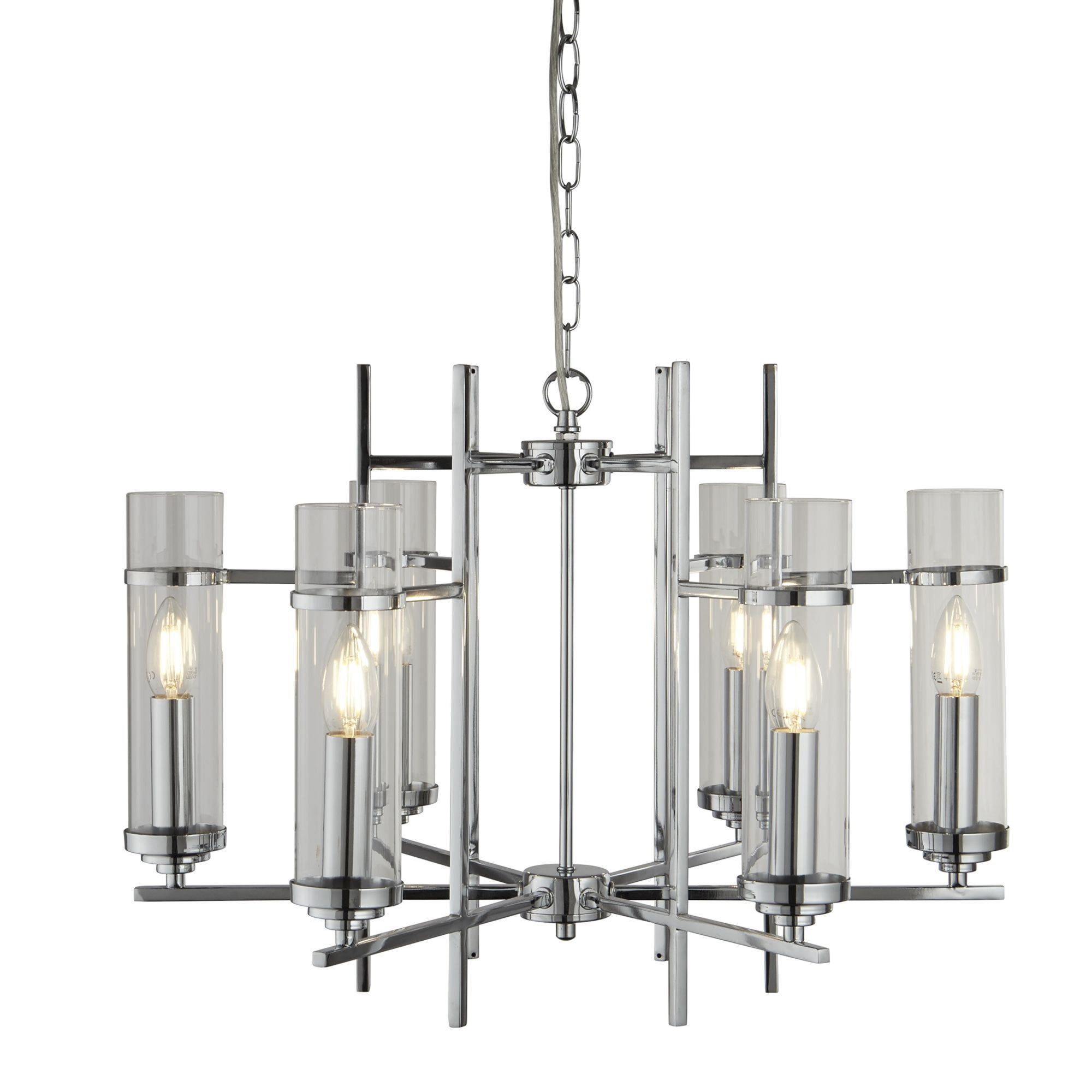 Searchlight Mere Chrome 6 Light Fitting With Clear Glass Cylinder Shades