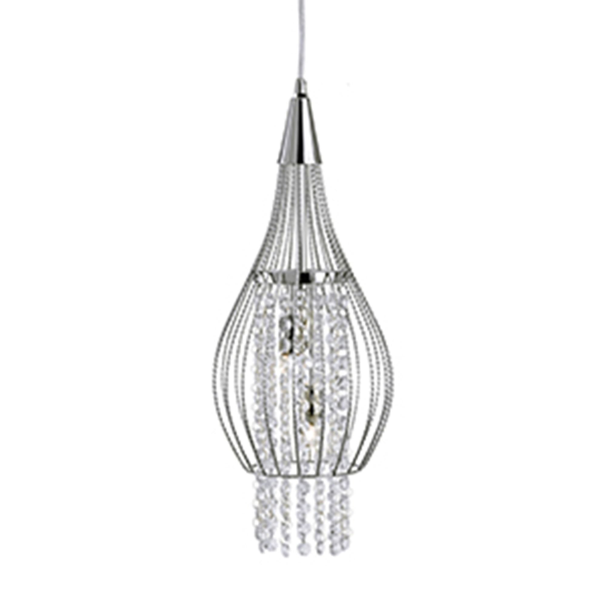 Searchlight Rathbone - 2 Light Cage Frame Pendant, Chrome With Clear Crystal Buttons Drops Deco