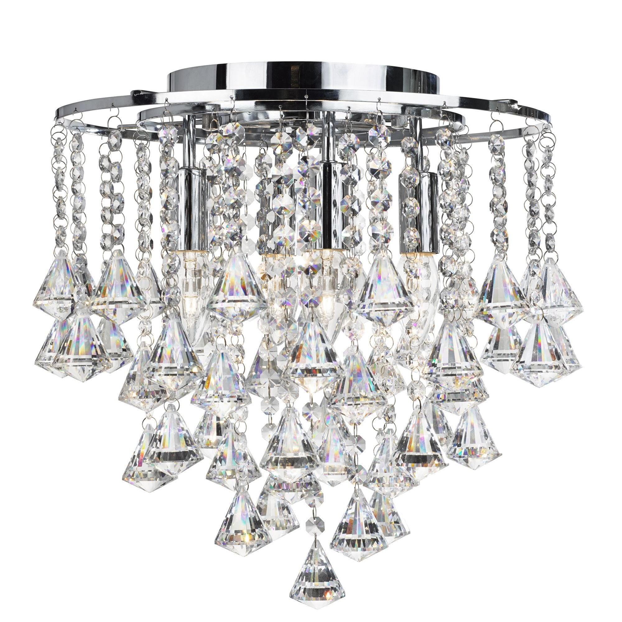 Searchlight Dart - 4 Light Flush Ceiling, Chrome With Clear Crystal Buttons & Pyramid Drops