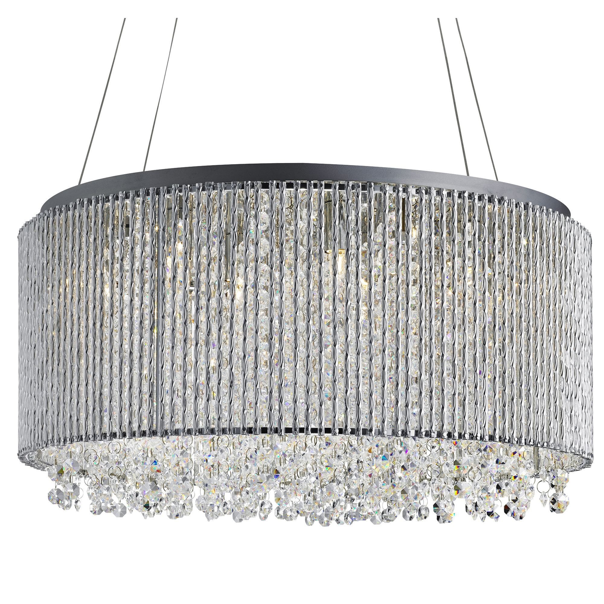 Searchlight Barrington 8 Light Drum Pendant, Chrome, Clear Crystal Button Drops, Aluminium Outer Trim