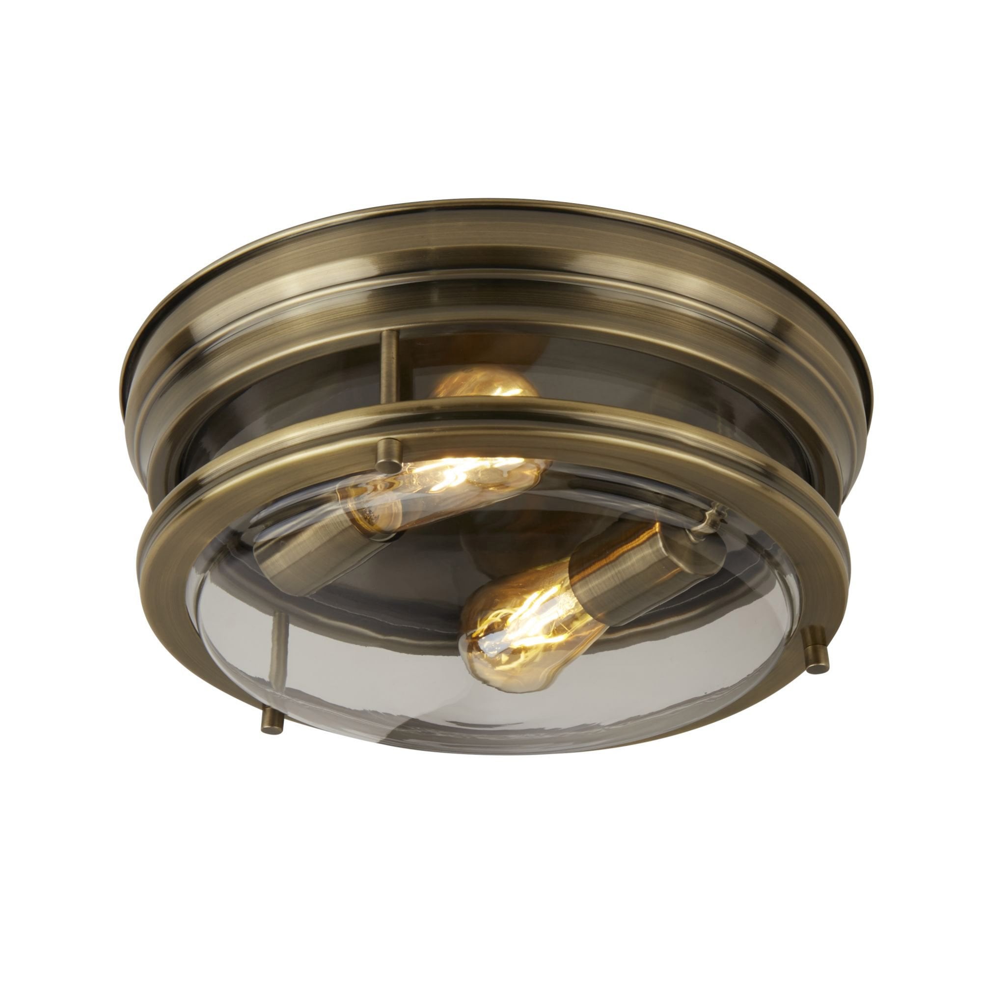 Searchlight Eastlake 2 Light Flush Fitting Antique Brass/Clear Glass IP44