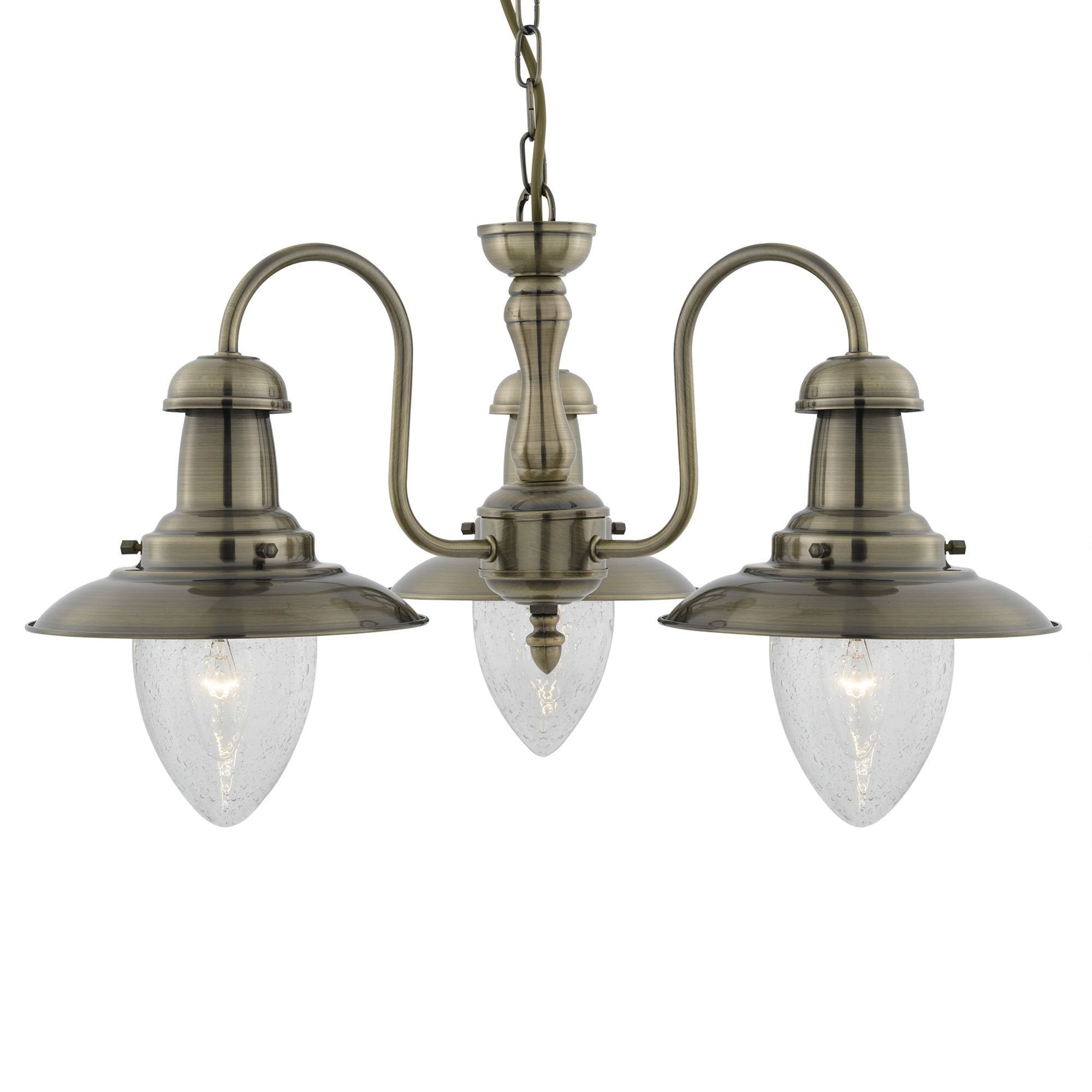 Searchlight Falkland - 3 Light Ceiling Pendant, Antique Brass With Seeded Glass Shades