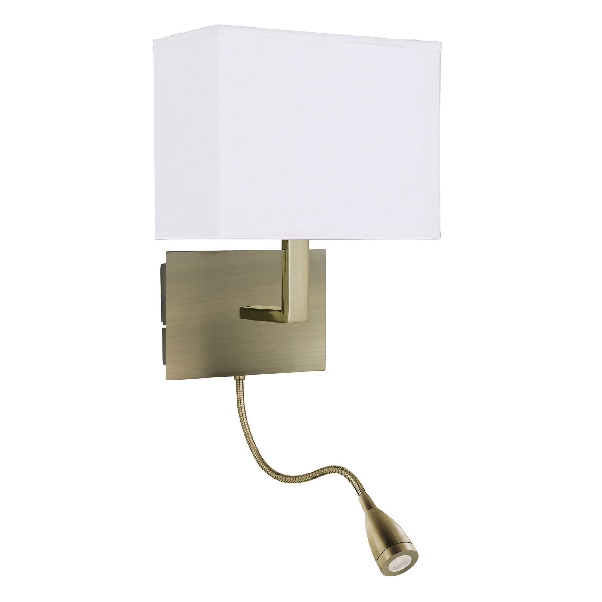 Searchlight Angela Antique Brass Wall Light - White Shade Incorporating LED Flexi - Arm, Switched