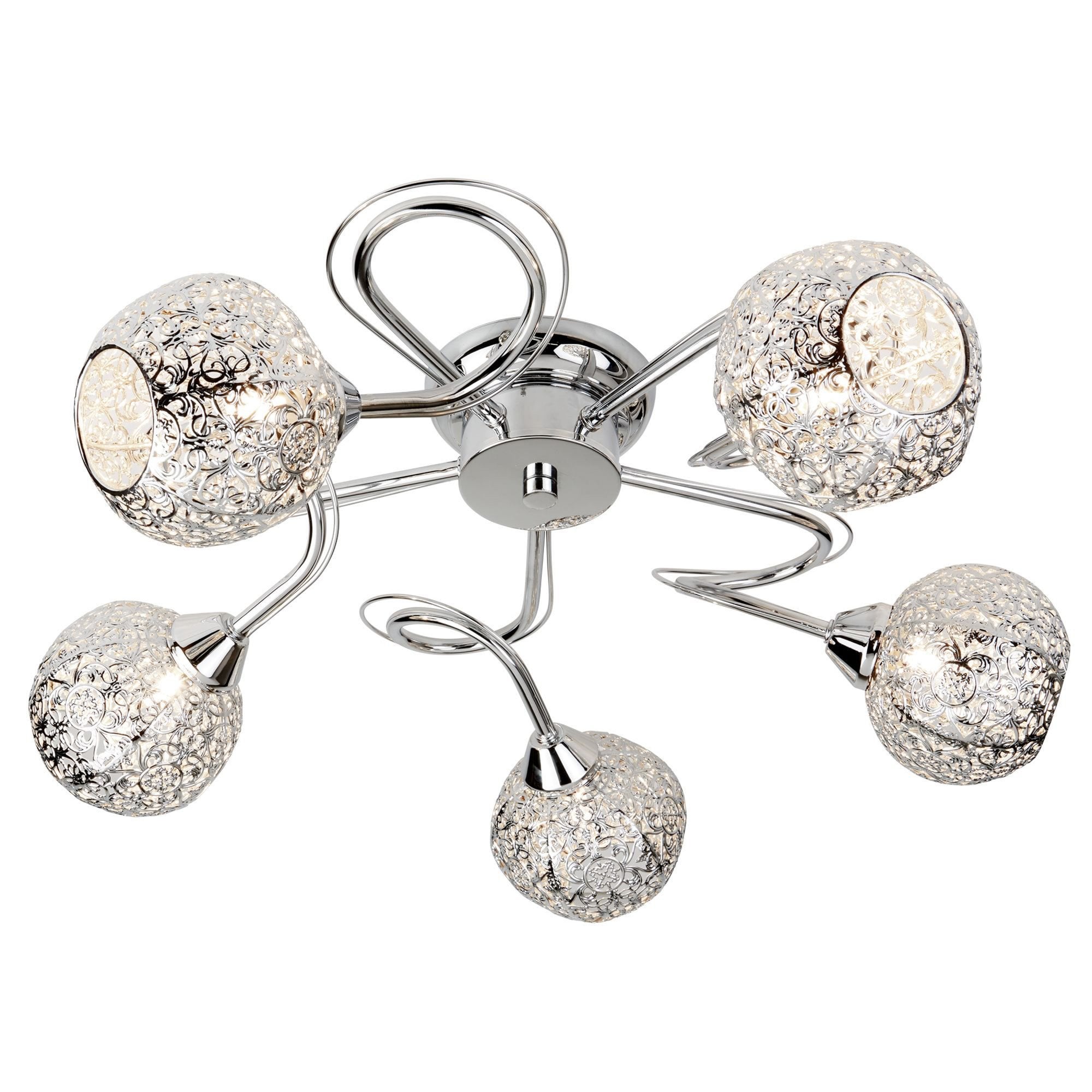 Searchlight Smithdown Chrome, 5 Light Ceiling Flush, Metal Fretwork Pattern Shades