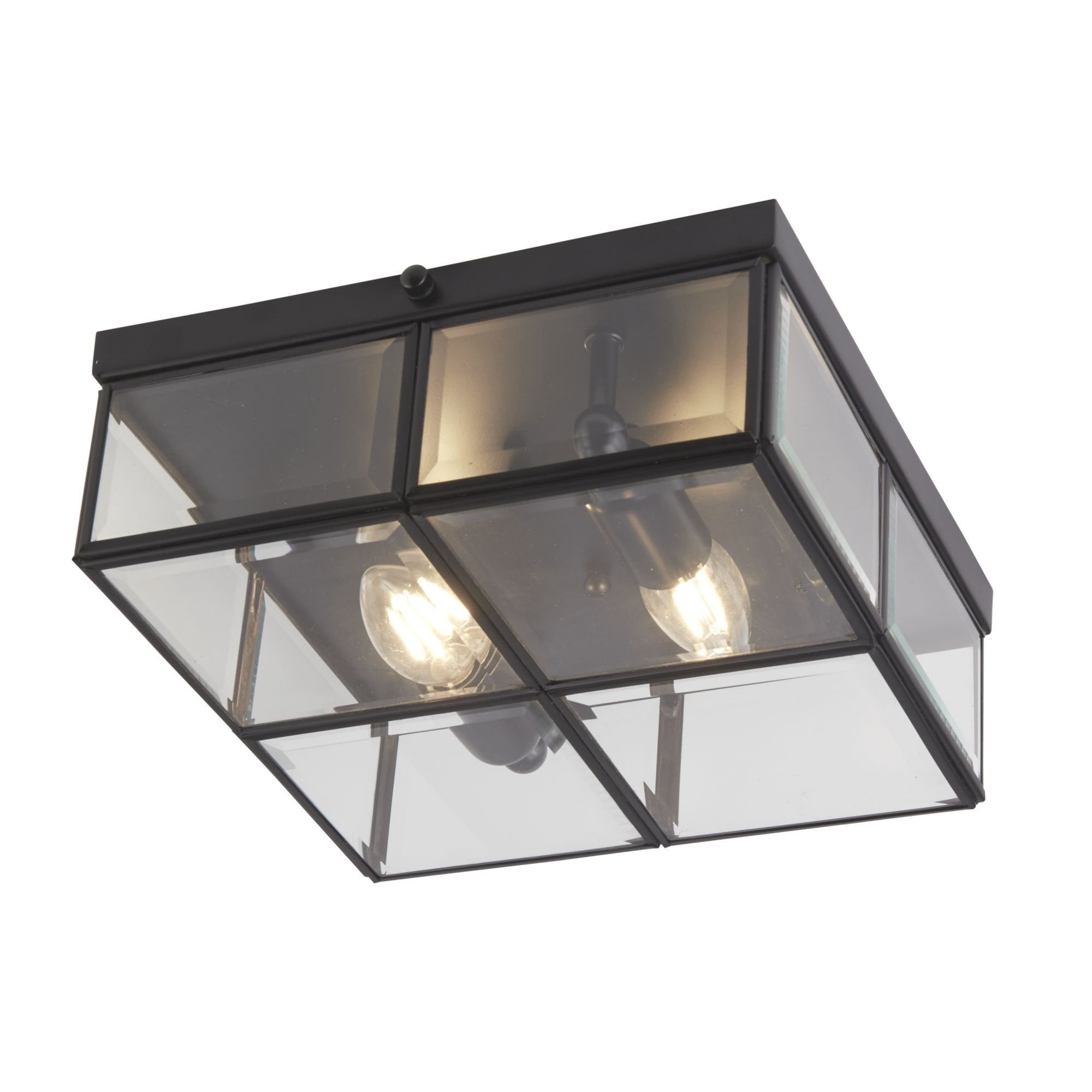 Searchlight March Matt Black 2 Light Flush Fitting With Clear Bevelled Glass Shade