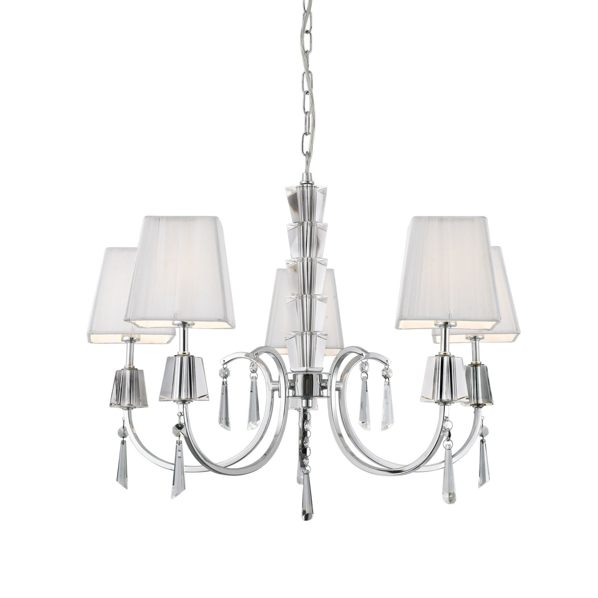 Searchlight Pilgrim Chrome 5 Light Pendant With Crystal Drops & Square White String Shades