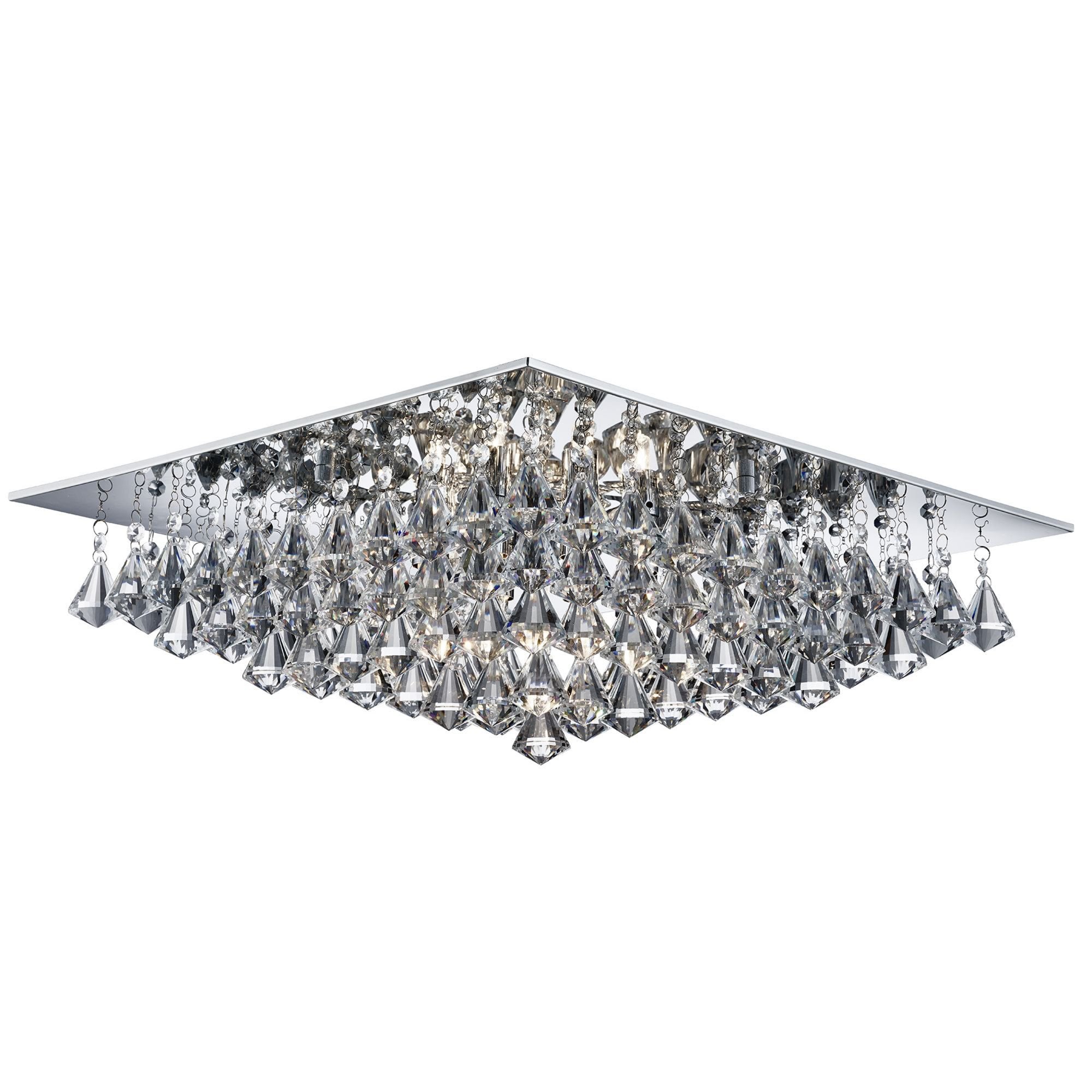 Searchlight Hampstead - 8 Light Square Flush Ceiling, Chrome, Clear Crystal Pyramid Drops