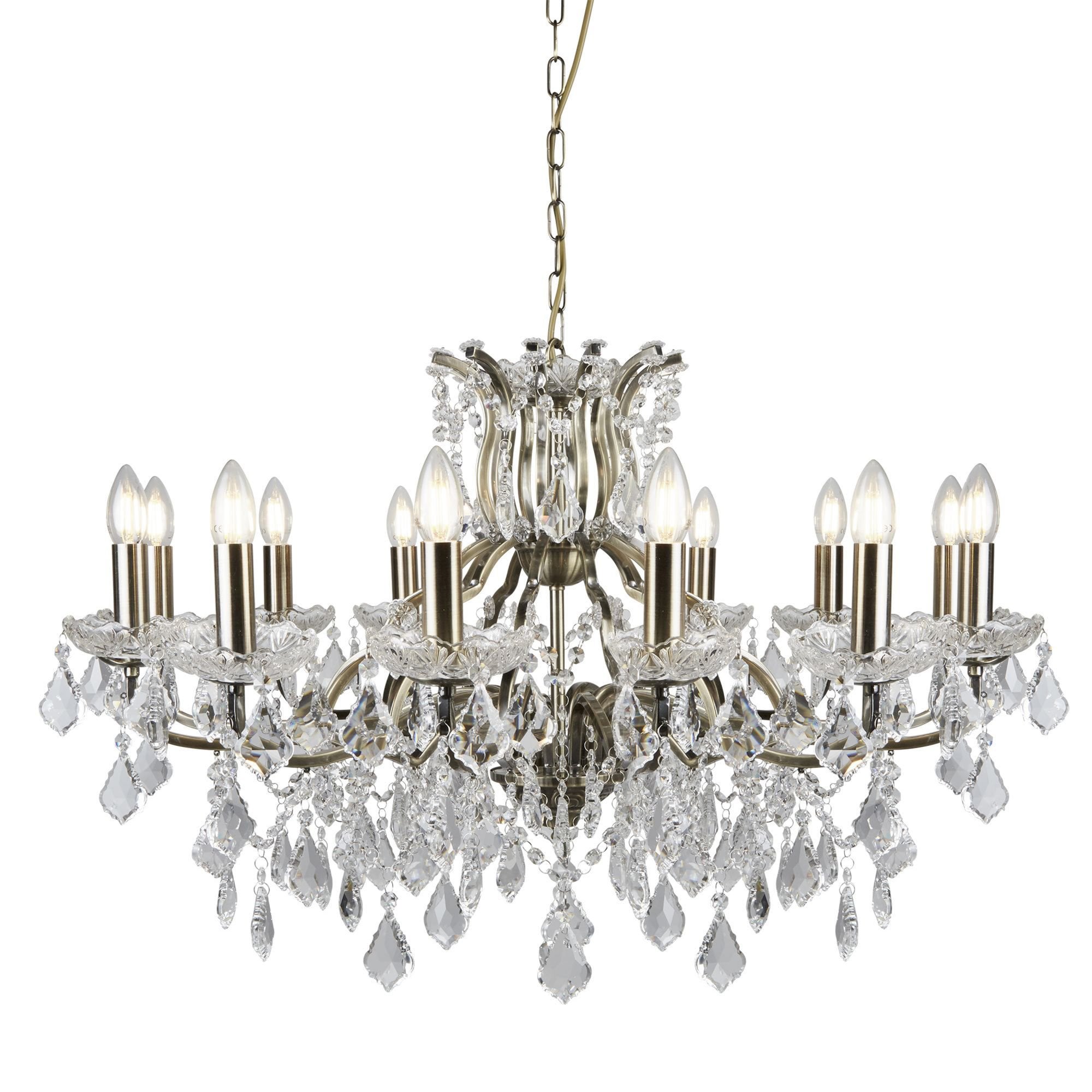 Searchlight Paley 12 Light Chandelier - Antique Brass & Clear Crystal Drops