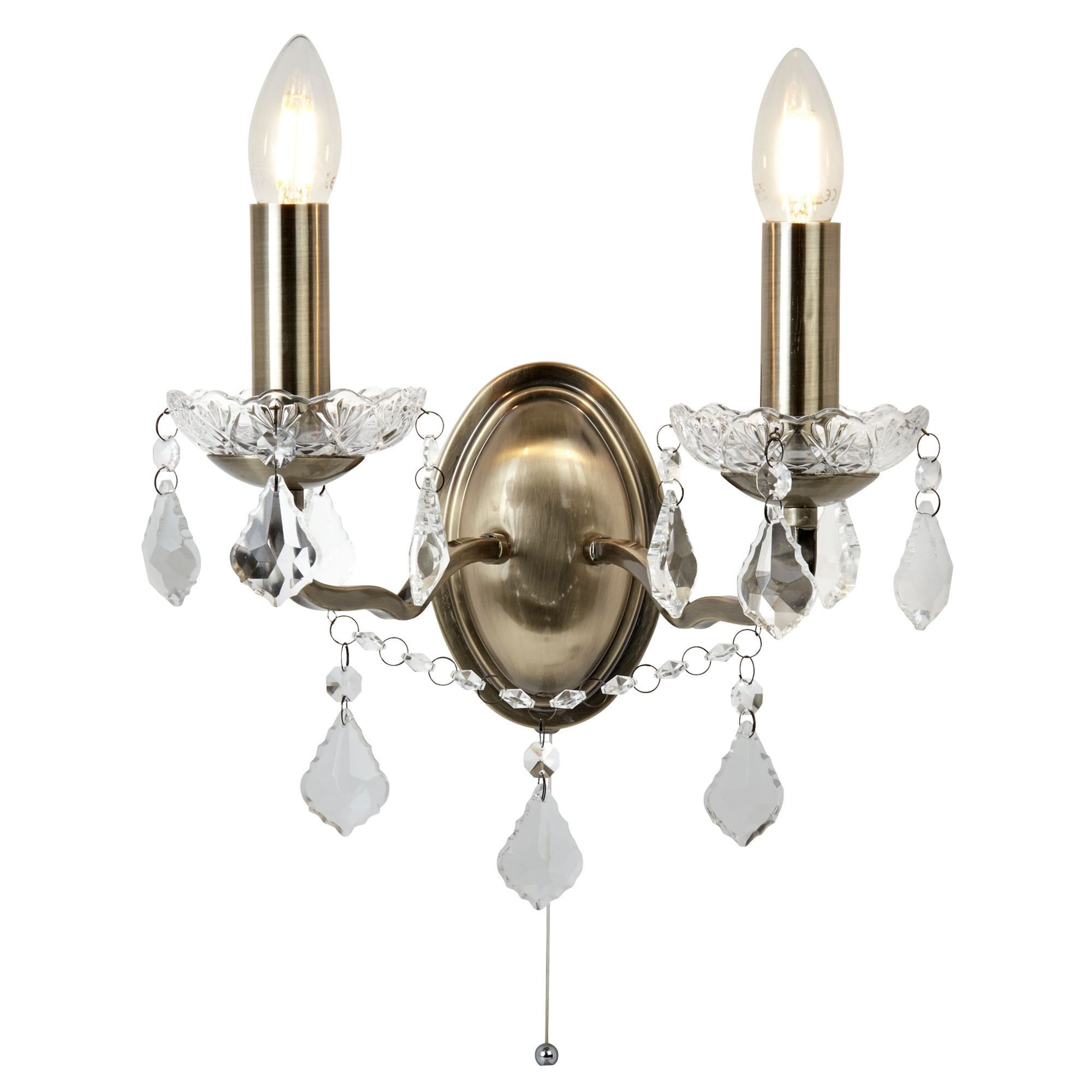 Searchlight Paley 2 Light Wall Light - Antique Brass & Clear Crystal Drops