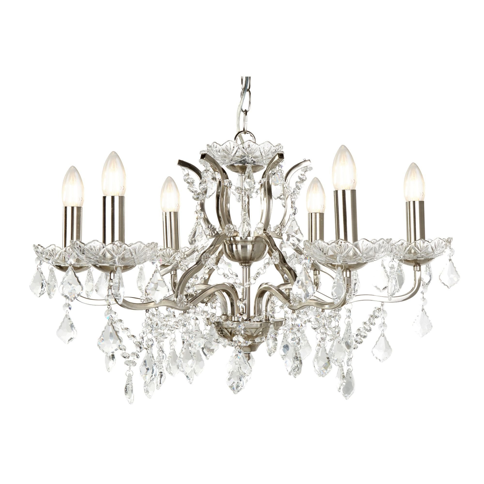 Searchlight Paley 6 Light Chandelier - Satin Silver & Clear Crystal Drops