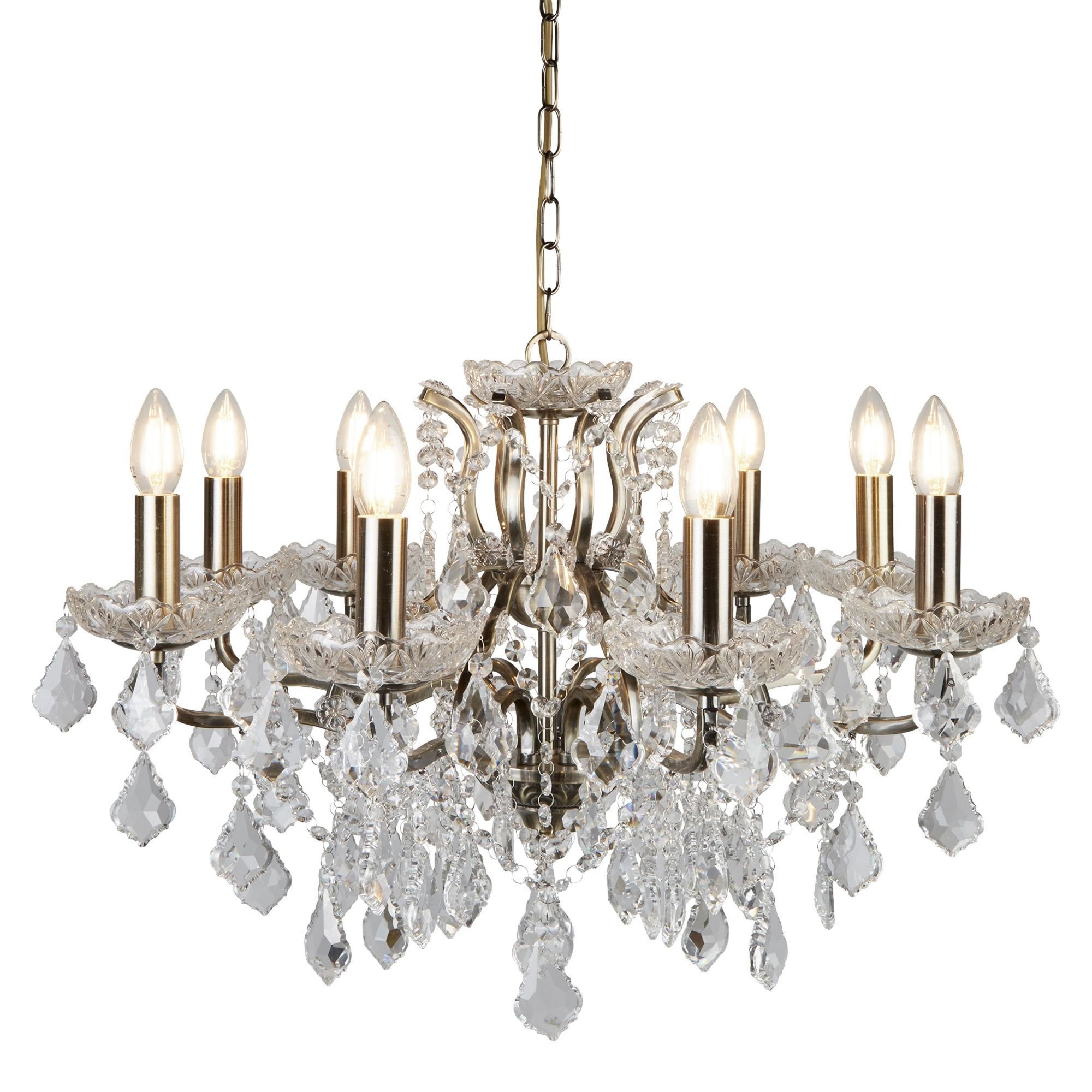 Searchlight Paley 8 Light Chandelier - Antique Brass & Clear Crystal Drops