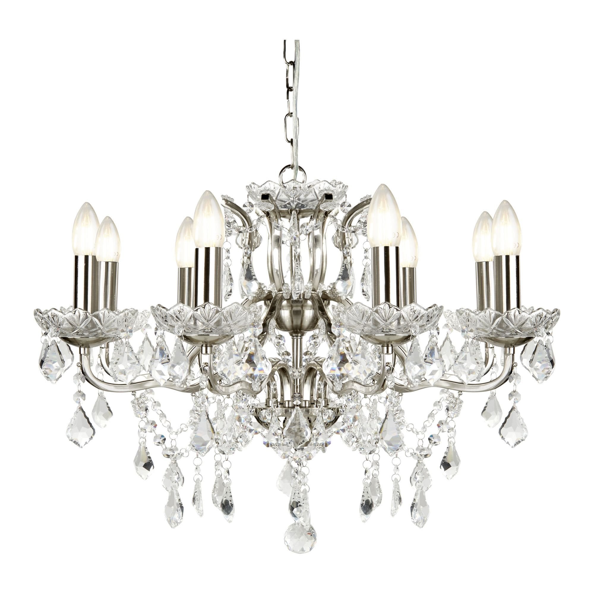 Searchlight Paley 8 Light Chandelier - Satin Silver & Clear Crystal Drops