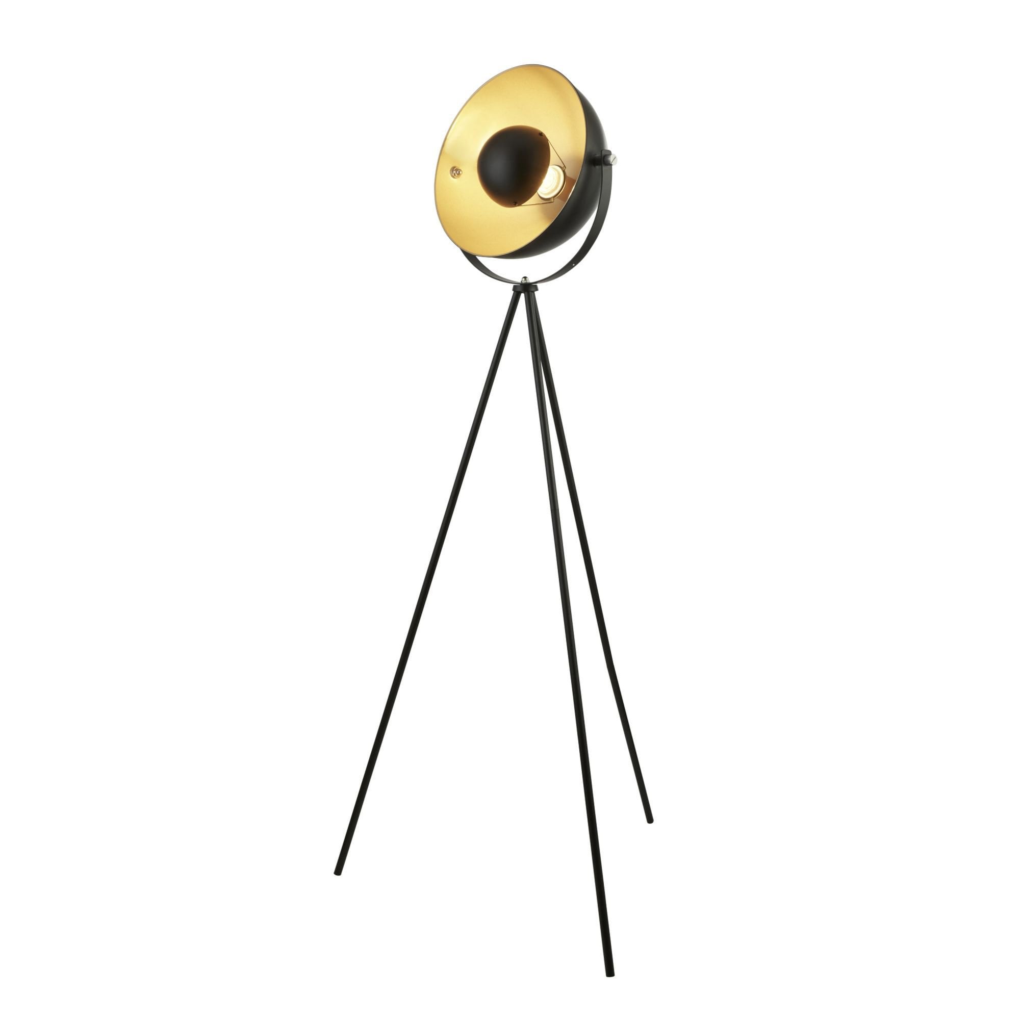 Searchlight Belgrave Single Tripod Floor Lamp, Matt Black With Gold Shade Interior
