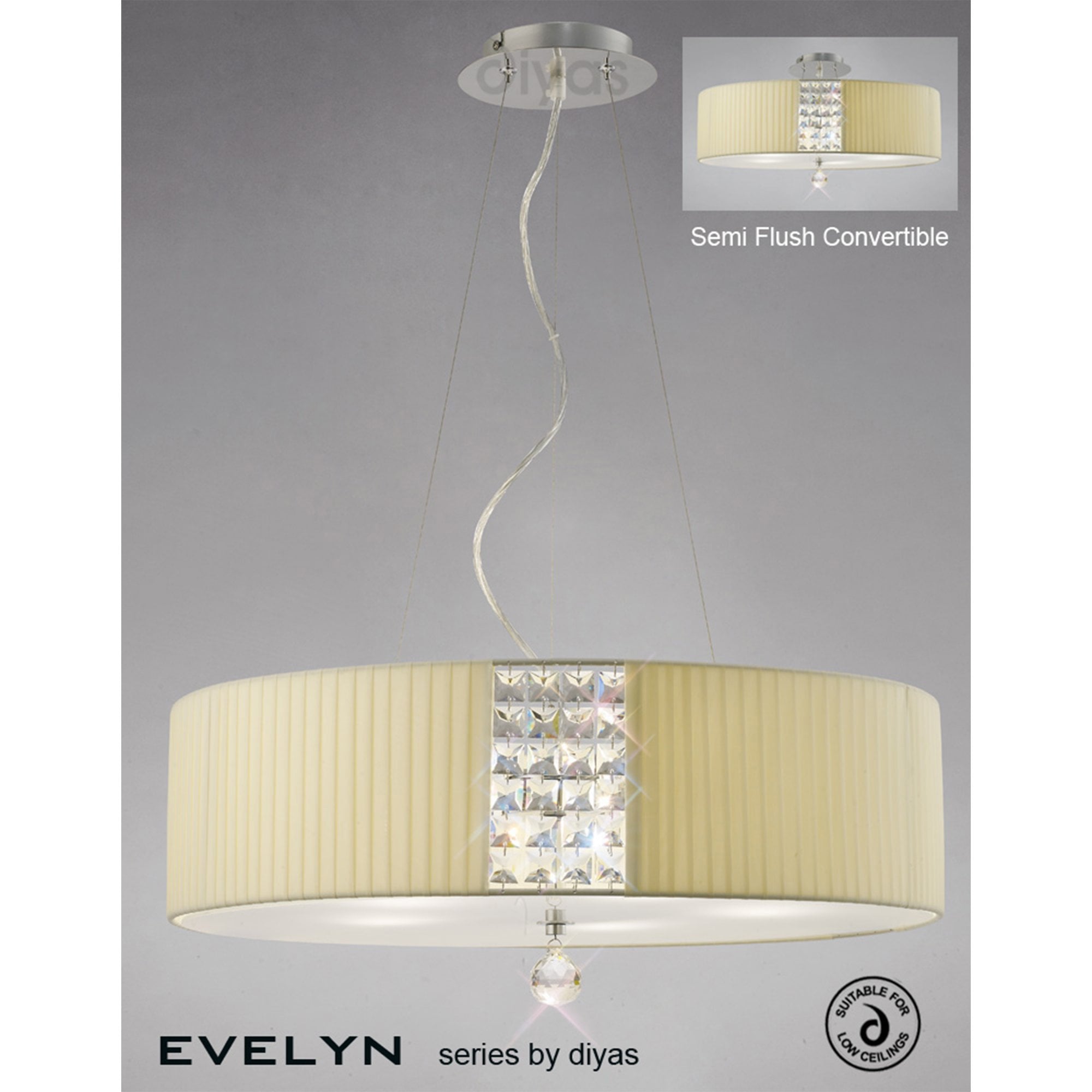Diyas IL31174/CR Evelyn Pendant Round With Cream Shade 5 Light Polished Chrome/Crystal