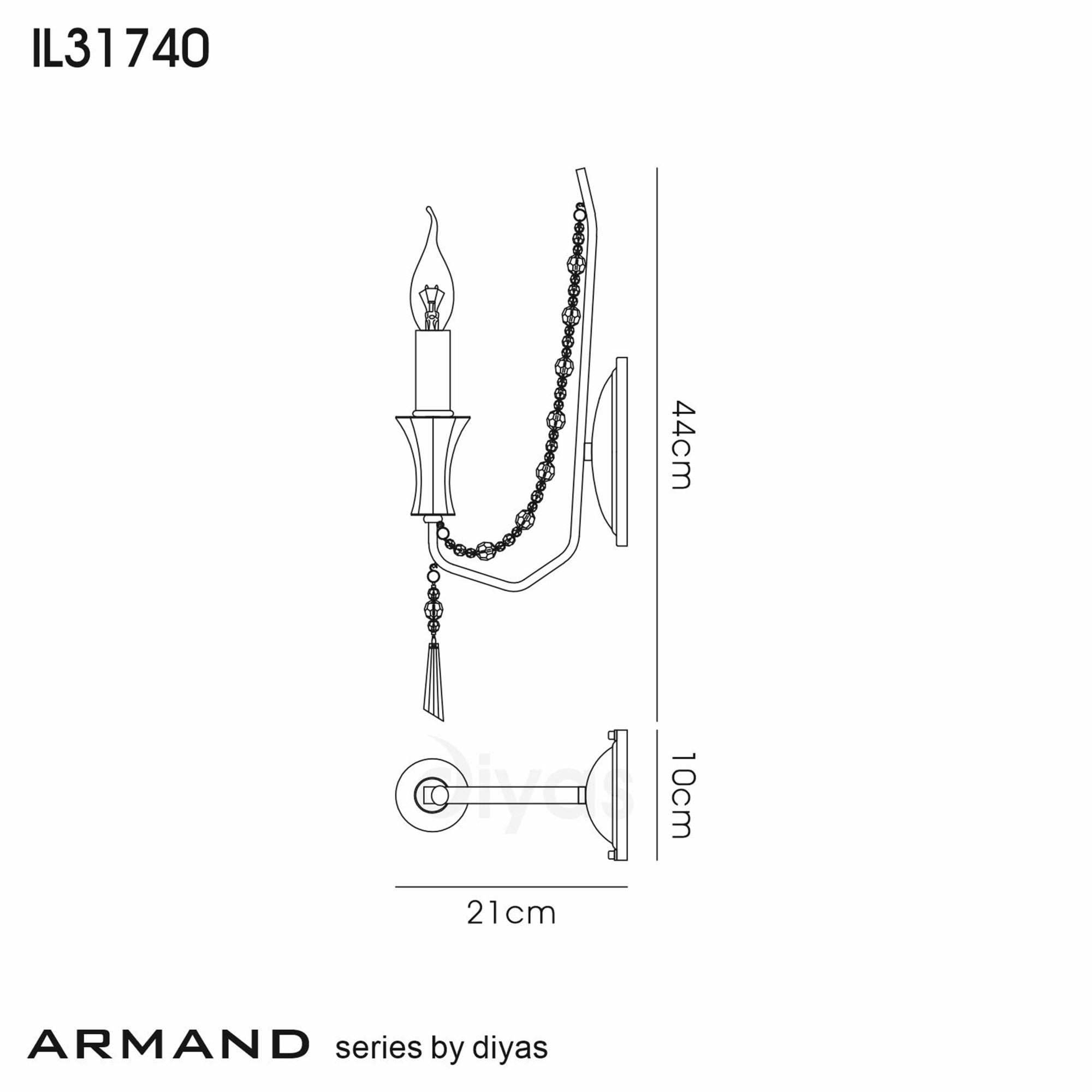 Diyas Armand Wall Lamp Single Light E14 - Polished Chrome/Crystal