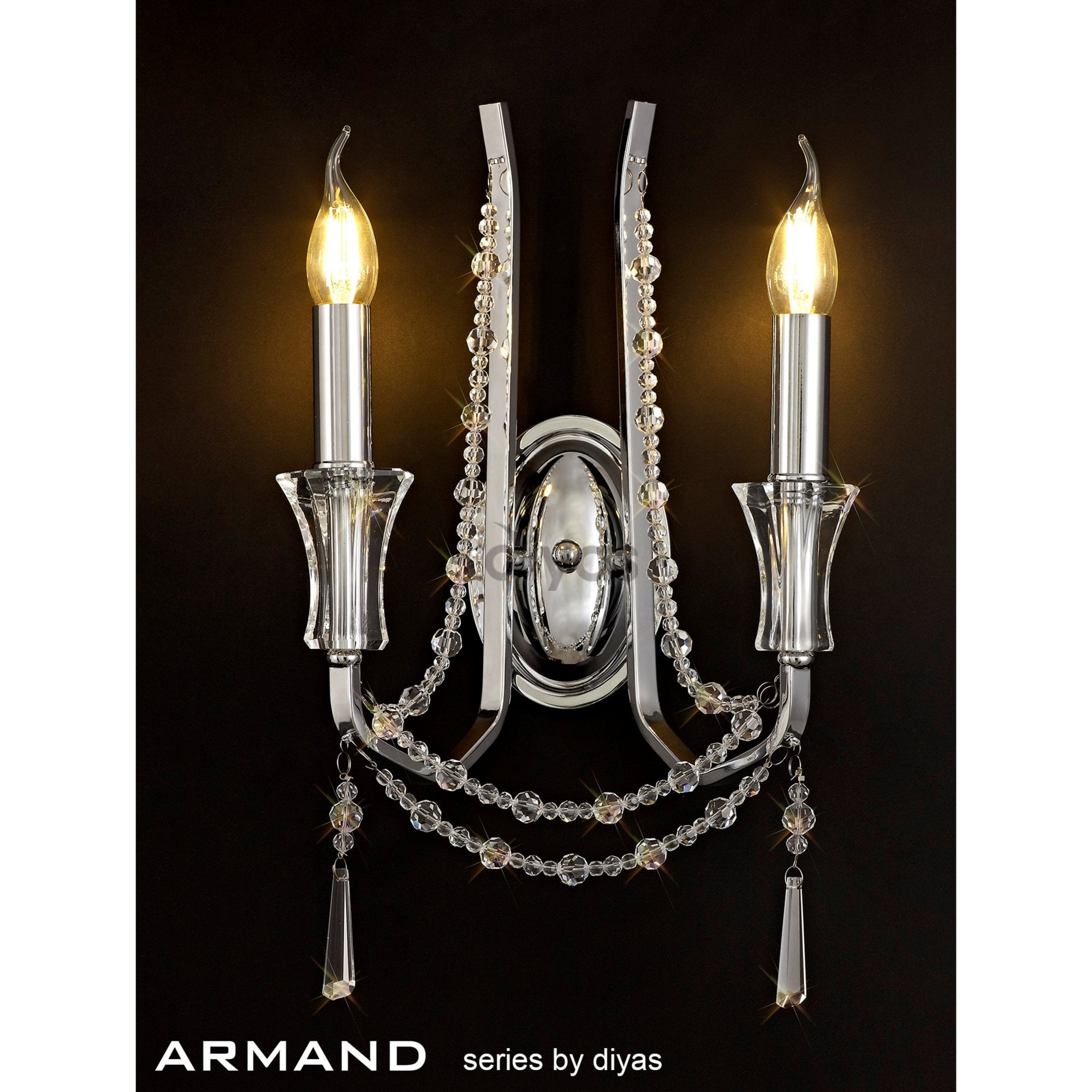 Diyas Armand Wall Lamp 2 Light E14 - Polished Chrome/Crystal