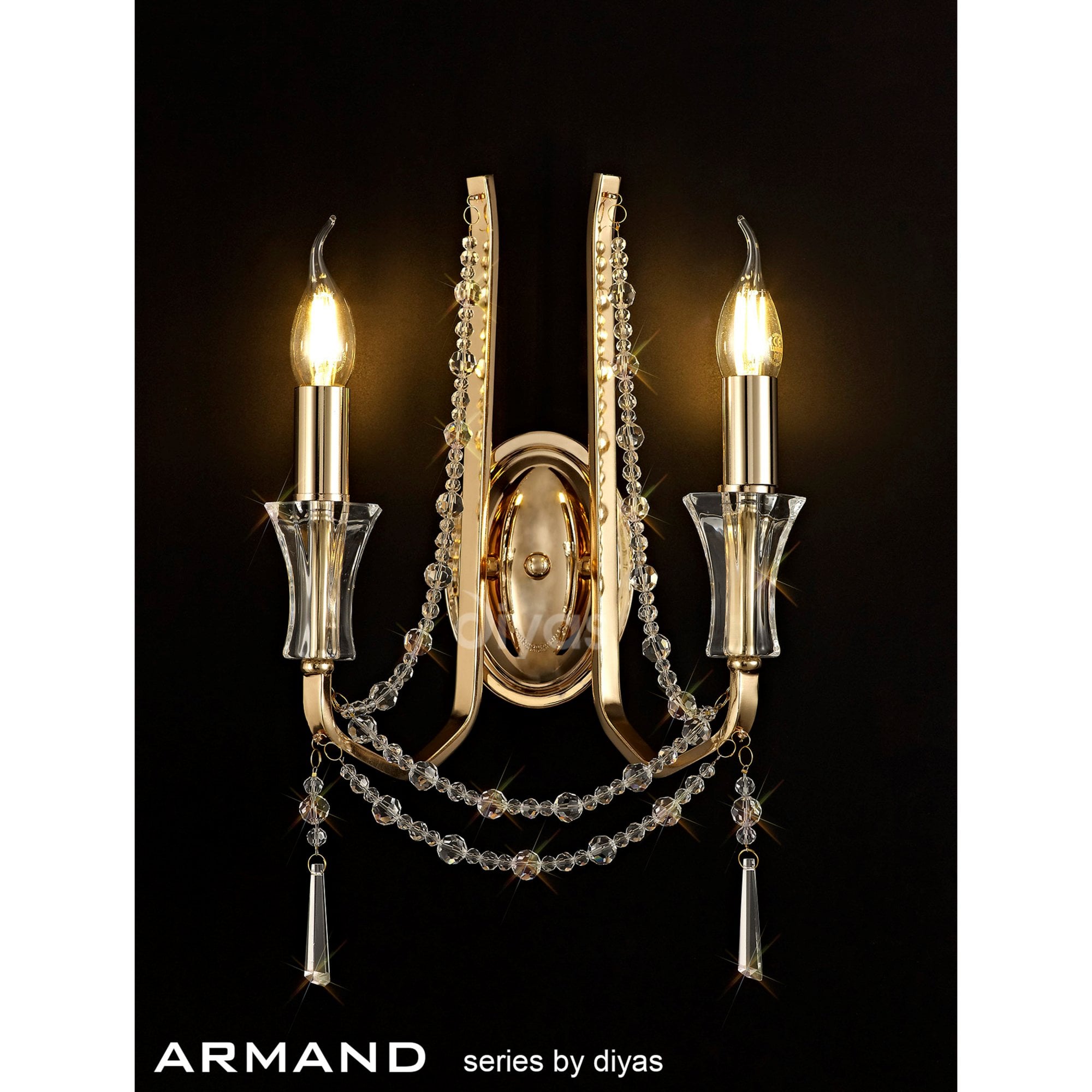 Diyas Armand Wall Lamp 2 Light E14 - French Gold/Crystal