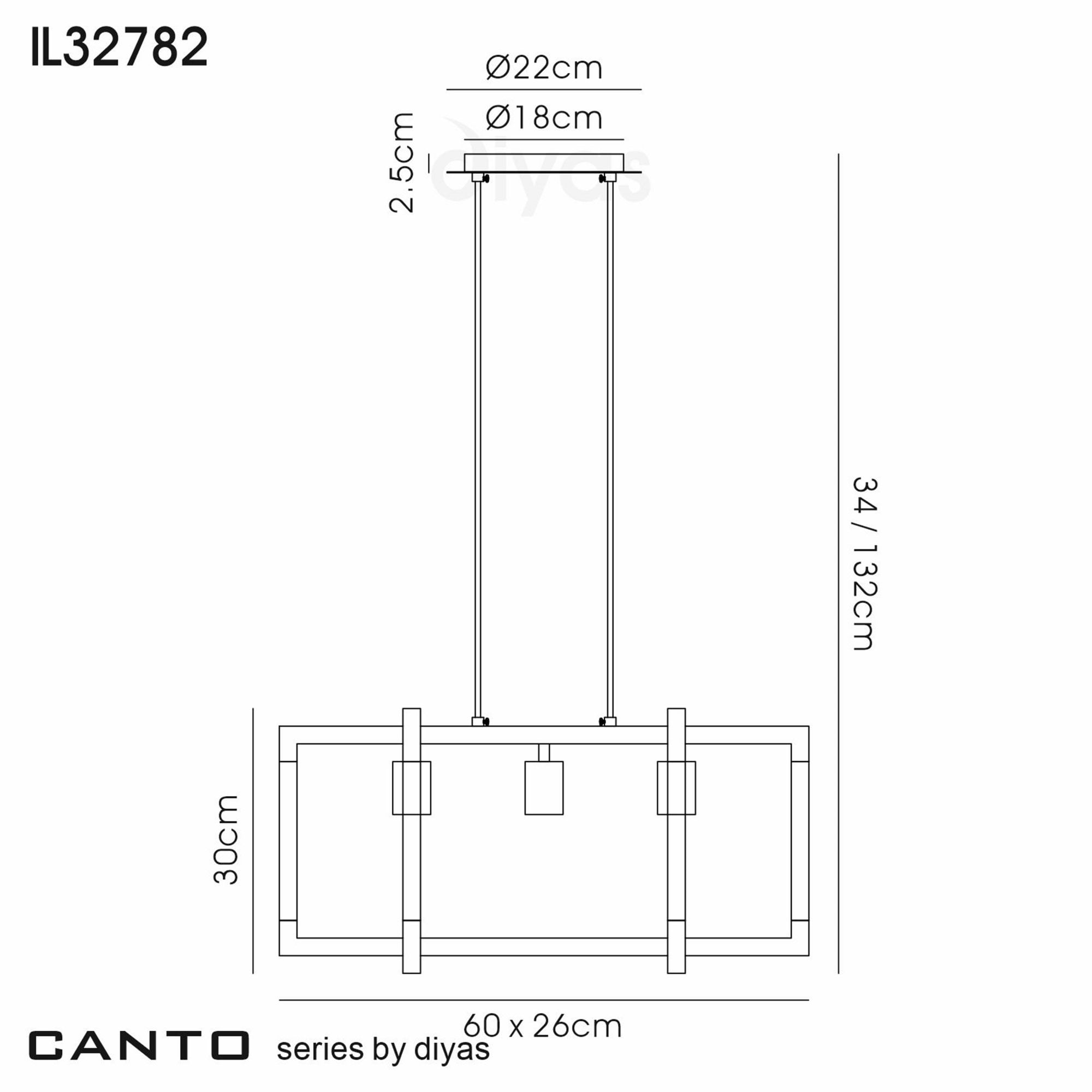 Diyas Canto Rectangle Pendant 3 Light E27 - Polished Nickel/Acrylic