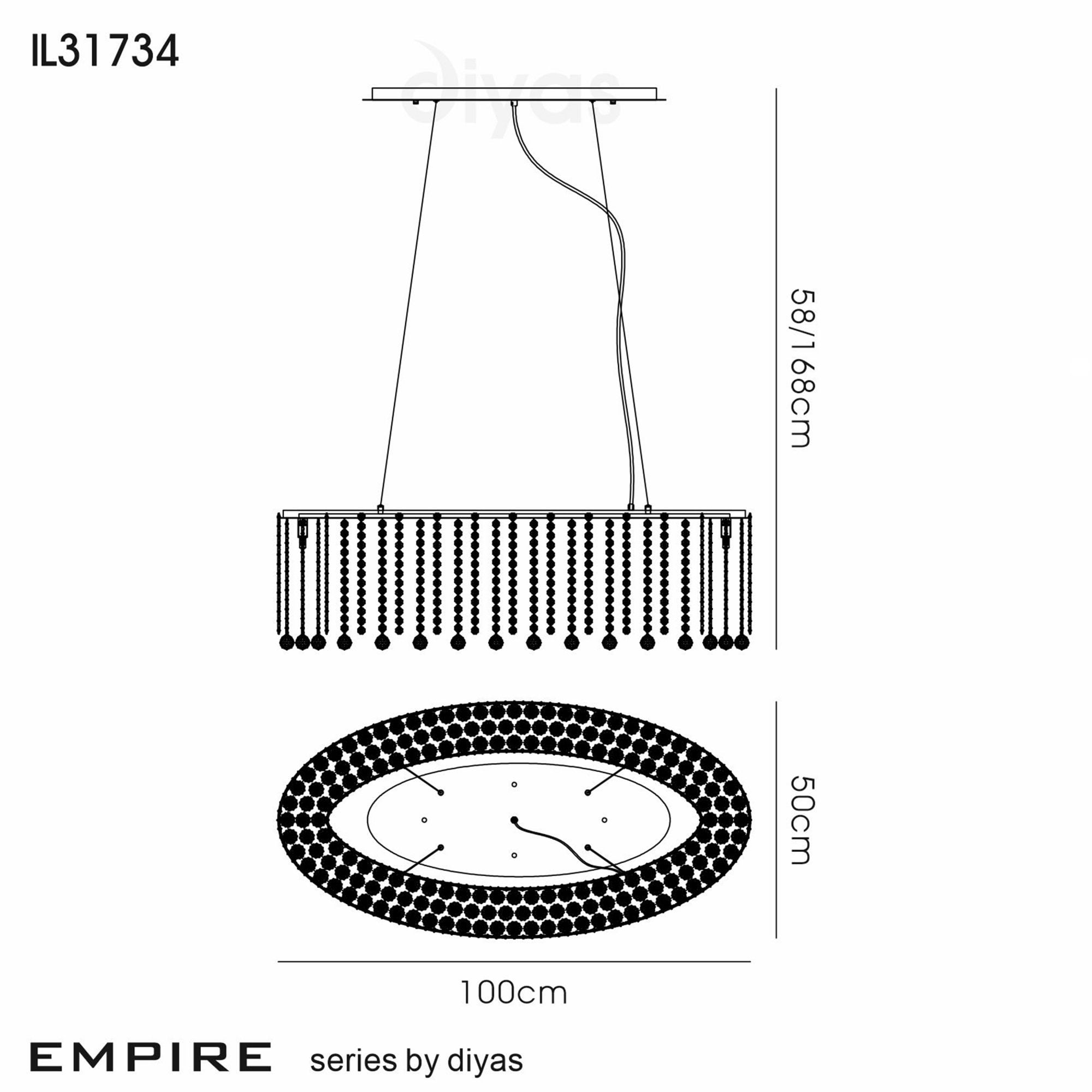 Diyas Empire 100x50cm Oval Pendant Chandelier - Polished Chrome/Crystal