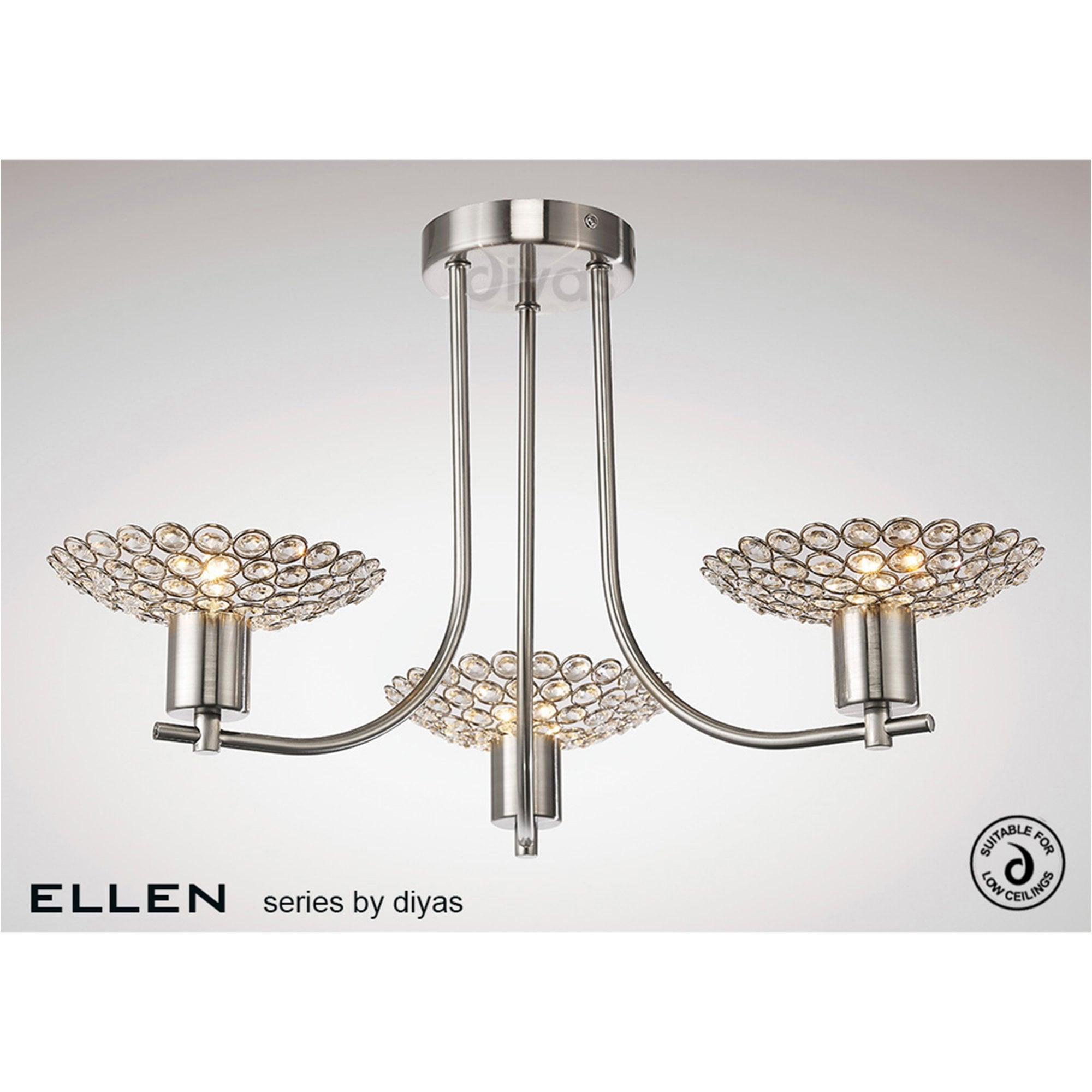 Diyas IL20606 Ellen Semi Ceiling 3 Light Satin Nickel/Crystal