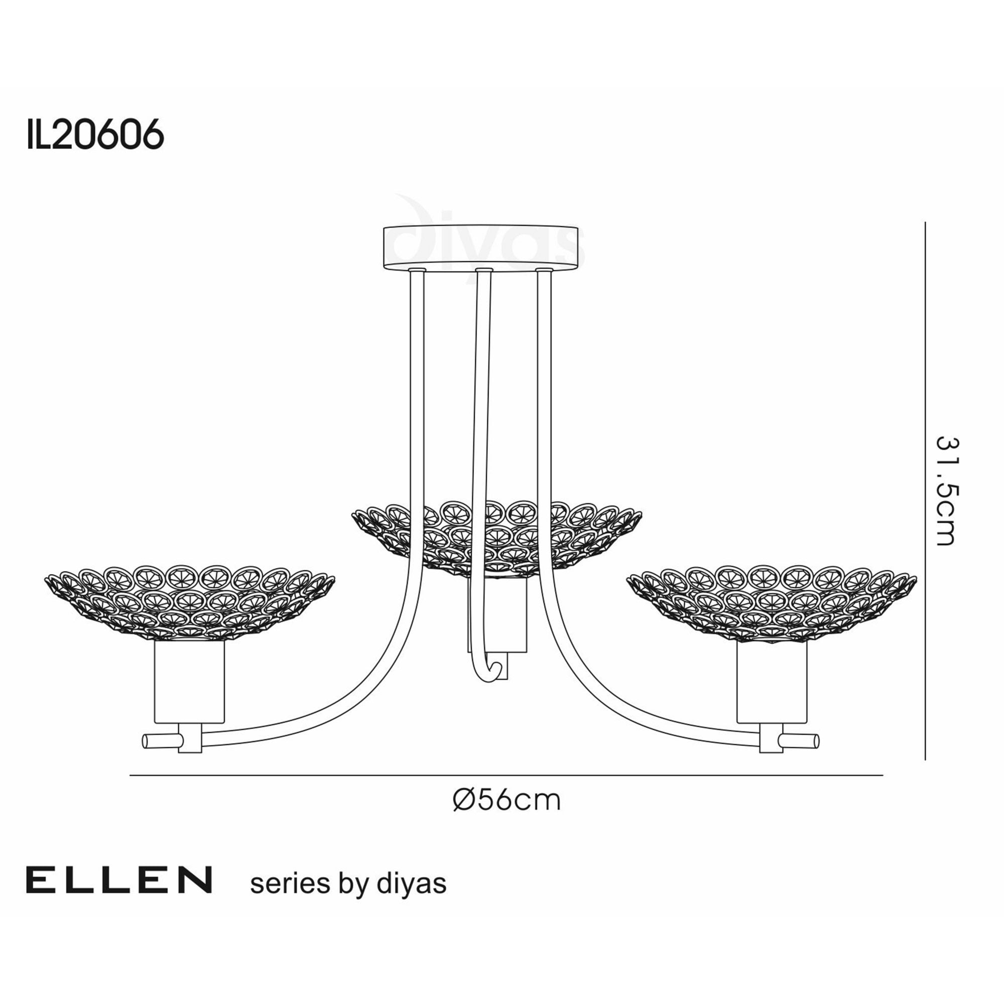 Diyas IL20606 Ellen Semi Ceiling 3 Light Satin Nickel/Crystal