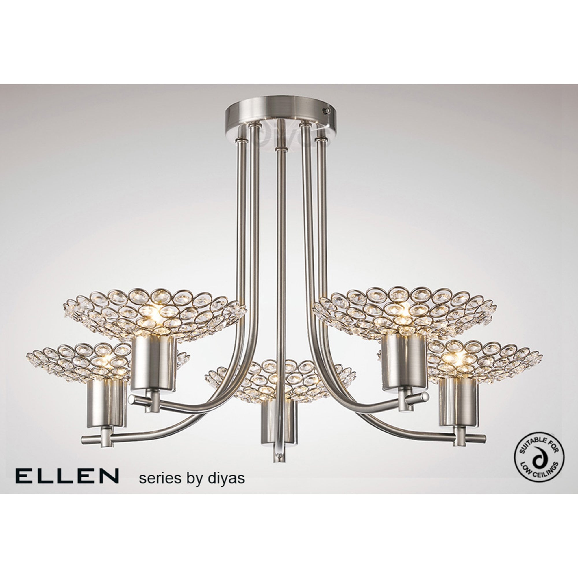 Diyas IL20607 Ellen Semi Ceiling 5 Light Satin Nickel/Crystal