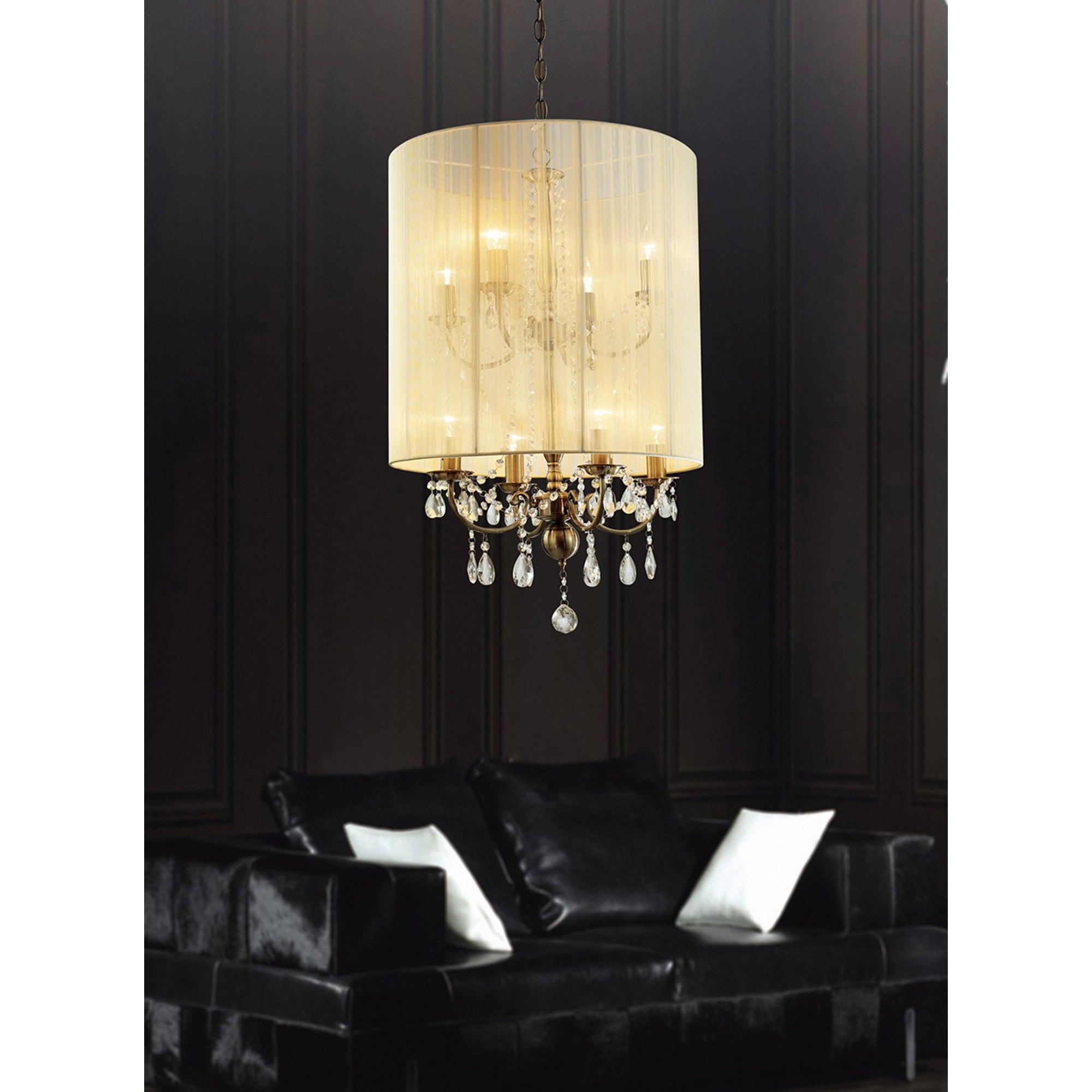 Diyas IL30069 Ella Pendant With Ivory Cream Shade 8 Light Antique Brass/Crystal