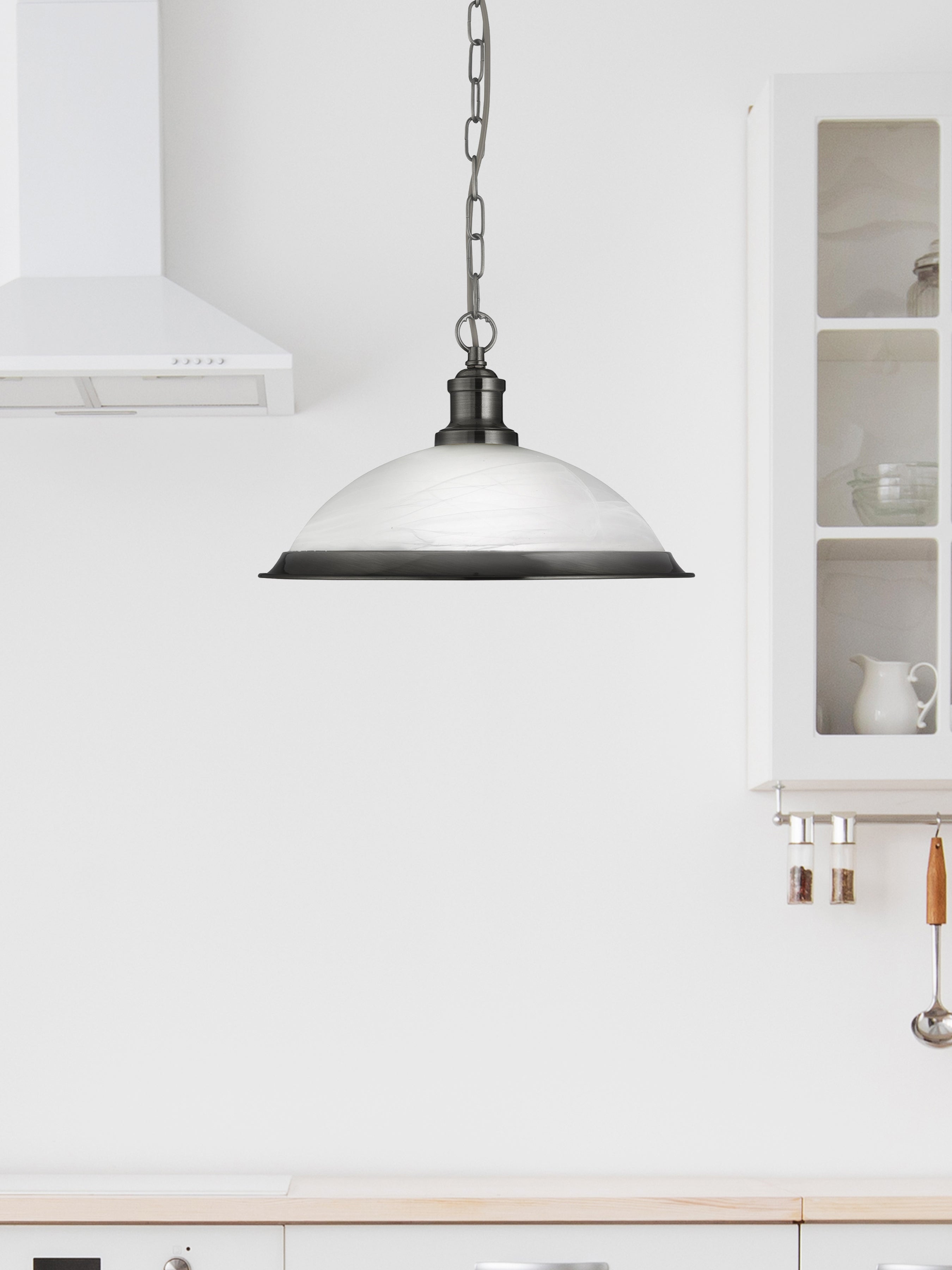 Searchlight Beech Single Pendant - Satin Silver & Marble Glass