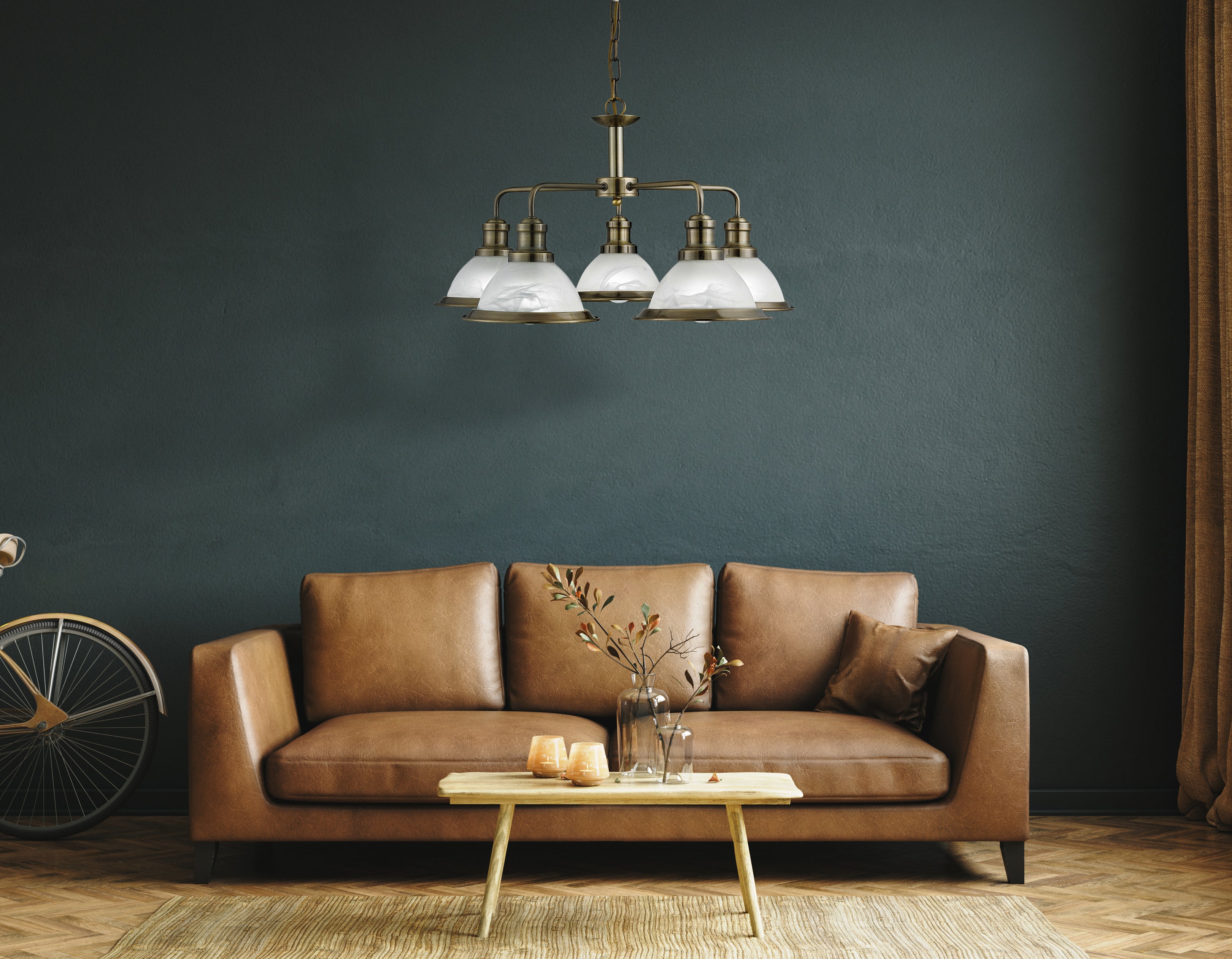 Searchlight Beech 5 Light Ceiling Fitting - Antique Brass & Marble Glass Shades