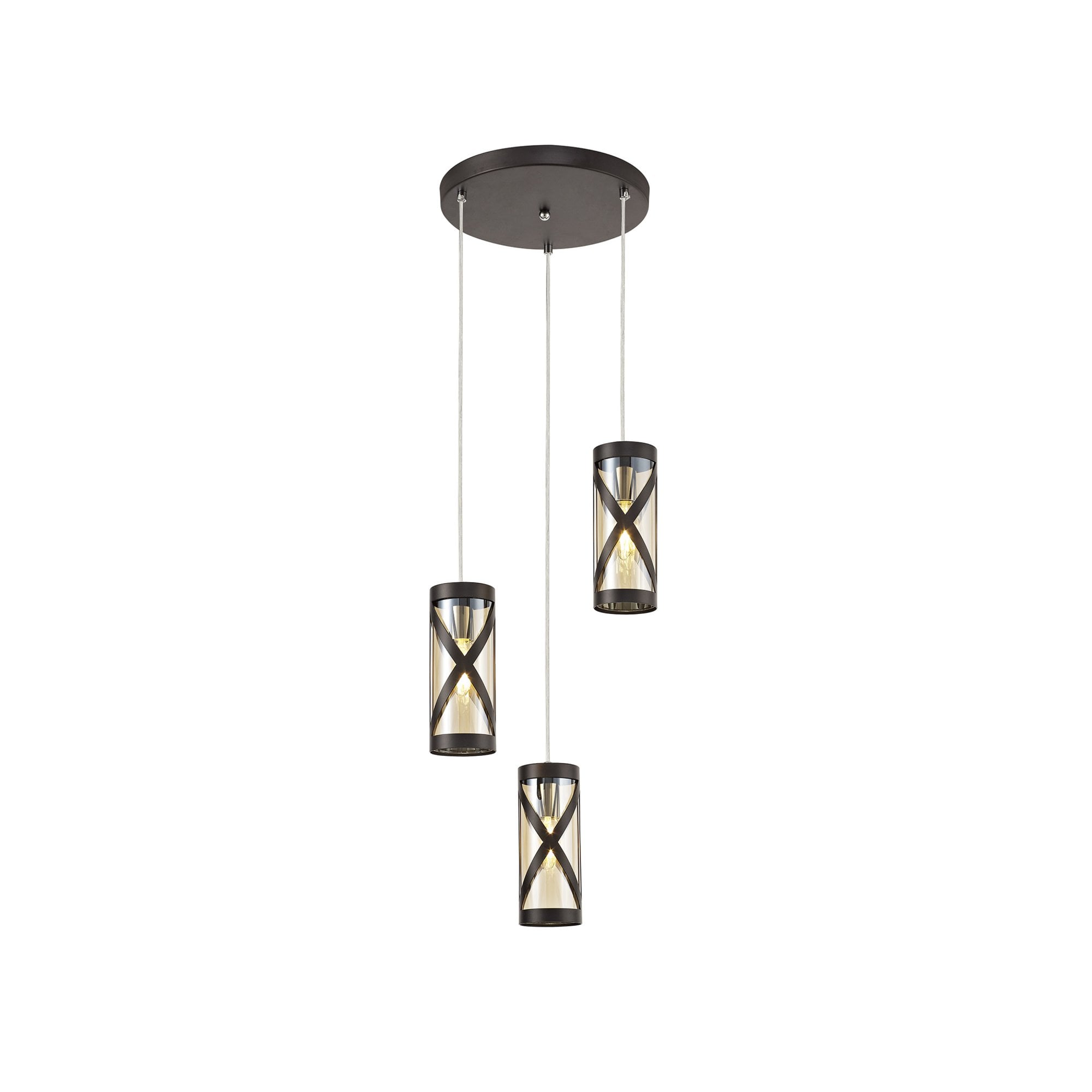 Fabula Leaden 3 Light Round Pendant - Oiled Bronze, Polished Chrome & Amber Glass