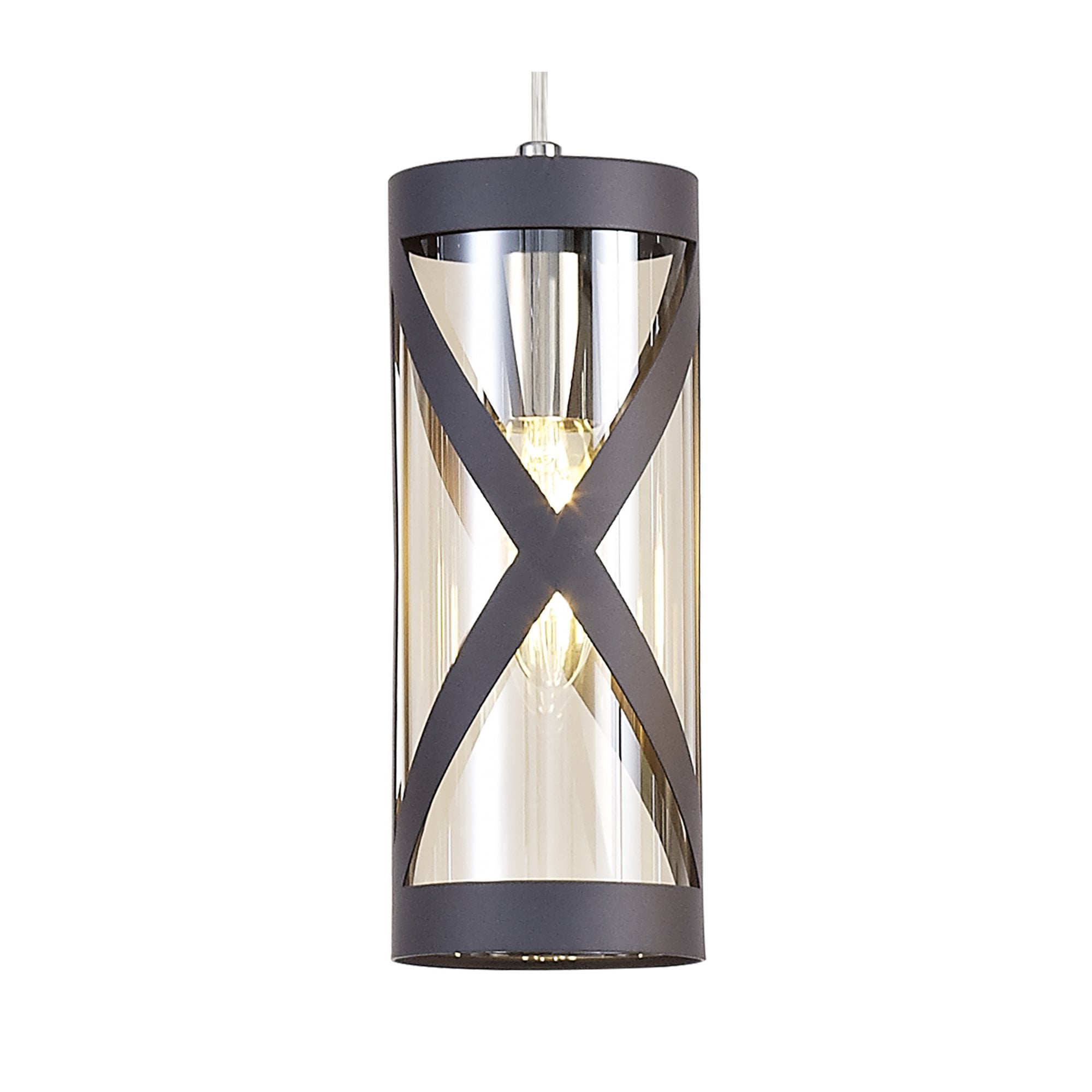 Fabula Leaden 4 Light Linear Bar Pendant - Matt Grey, Polished Chrome & Cognac Glass