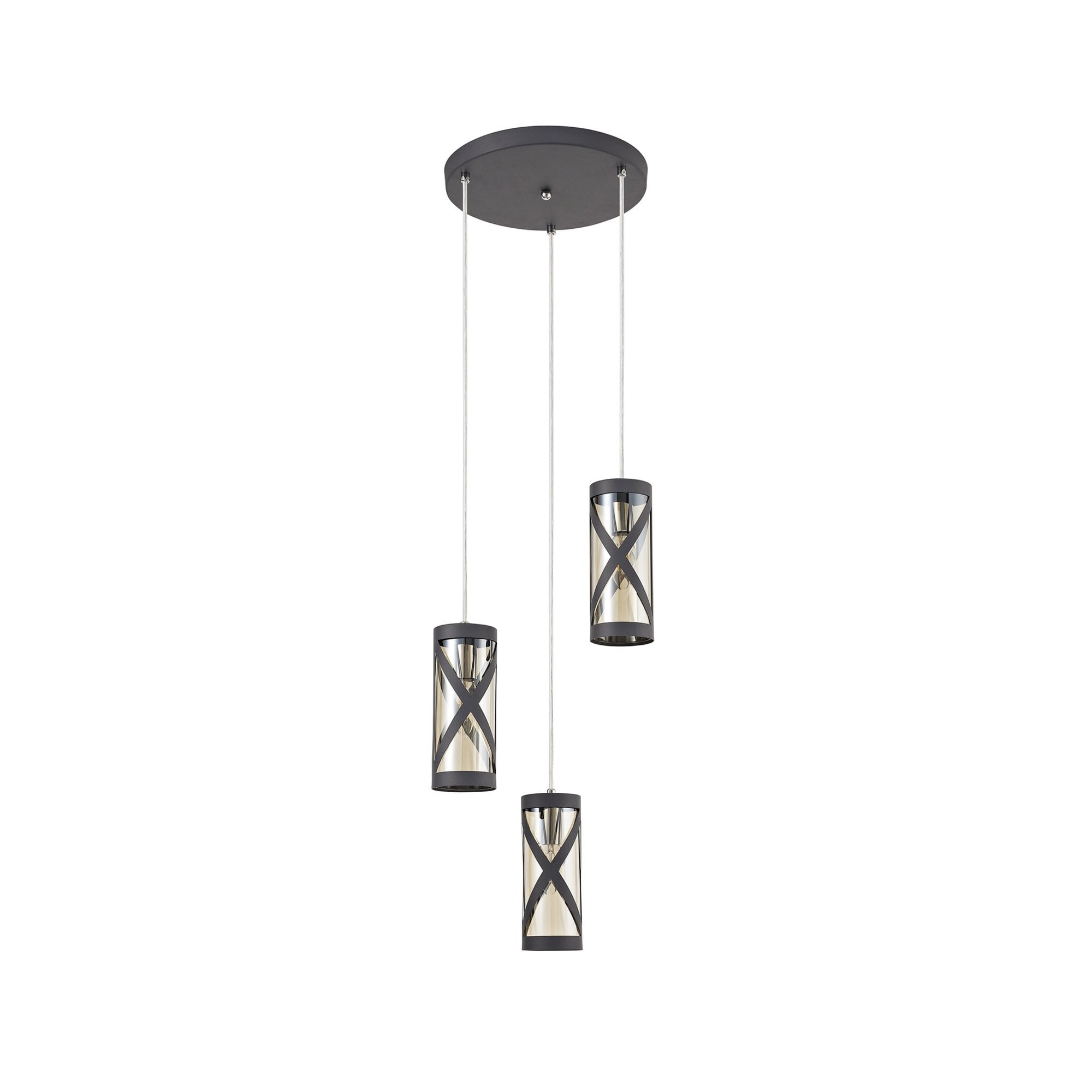 Fabula Leaden 3 Light Round Pendant - Matt Grey, Polished Chrome & Cognac Glass