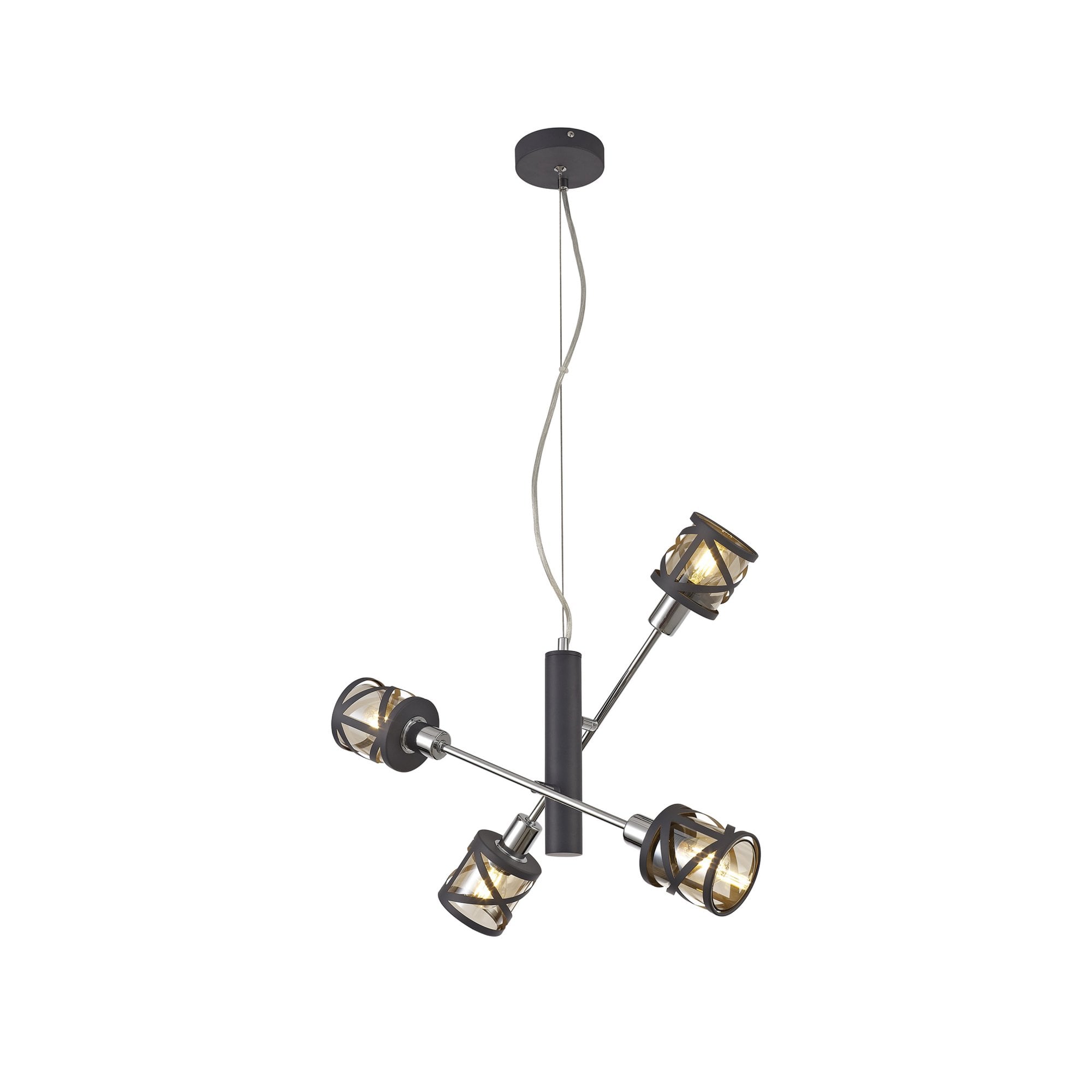 Fabula Leaden Adjustable 4 Light Pendant - Matt Grey, Polished Chrome & Cognac Glass